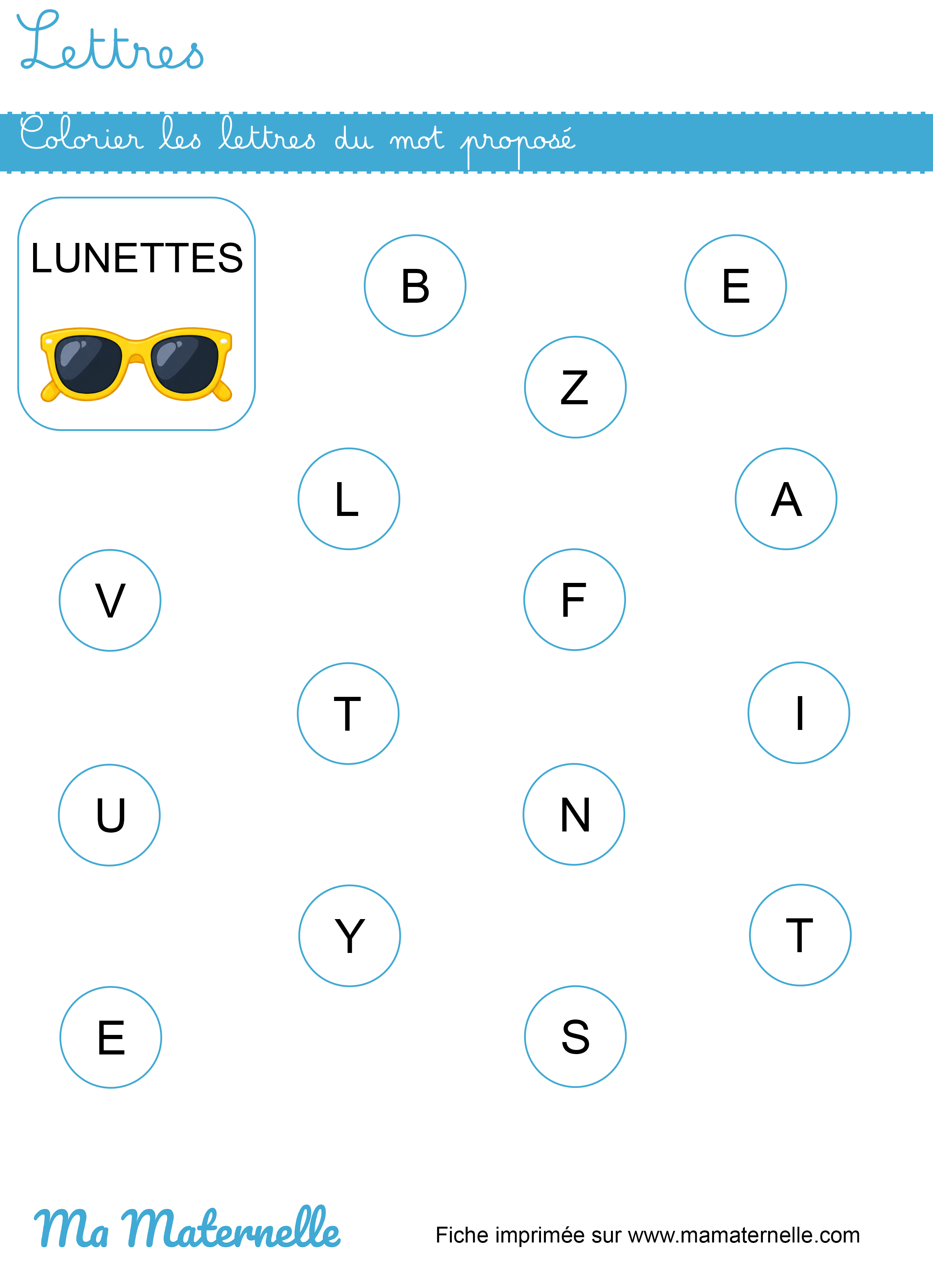 Petite section - Lettres : colorier les lettres du mot proposé