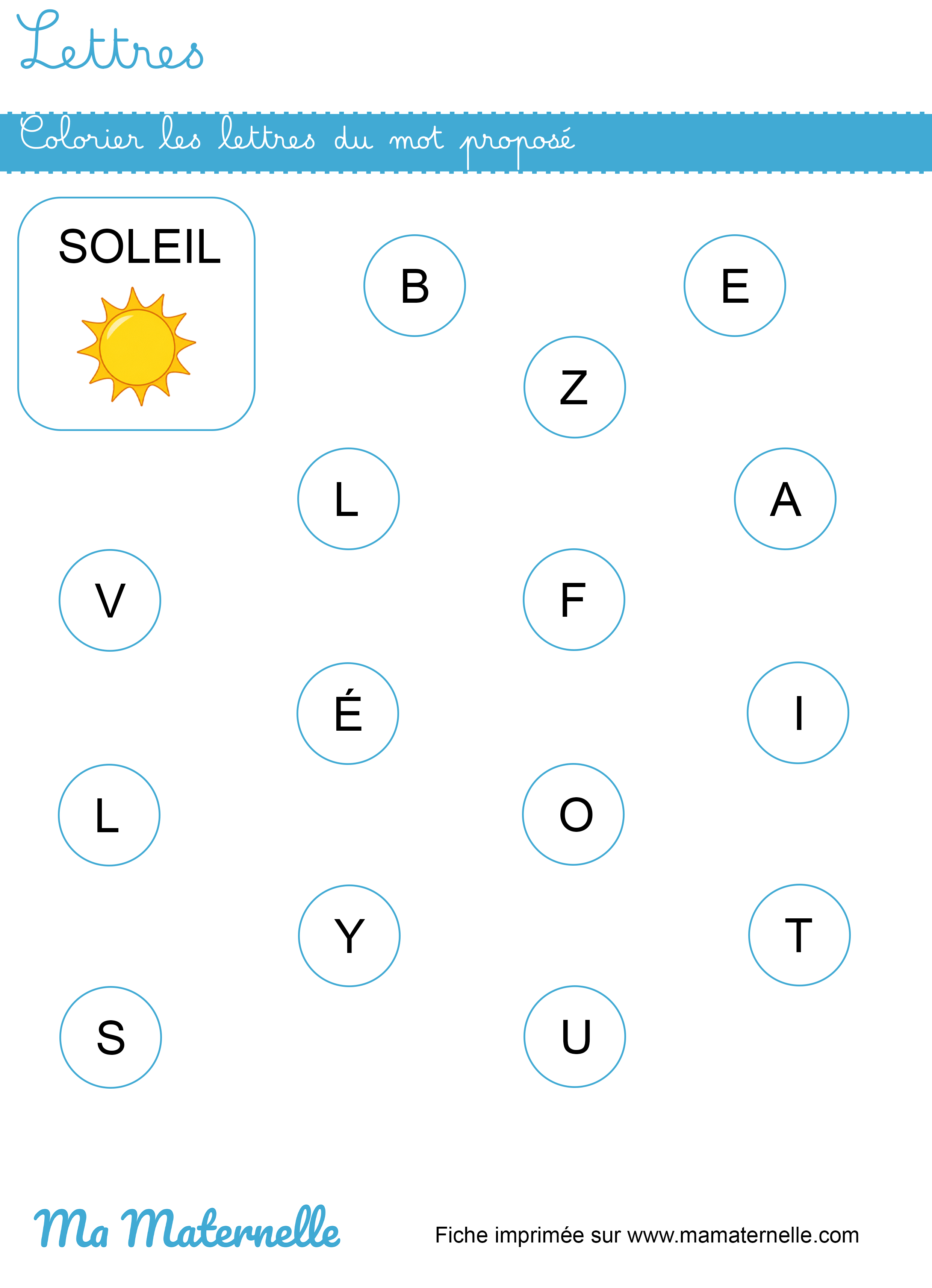 Petite section - Lettres : colorier les lettres du mot proposé