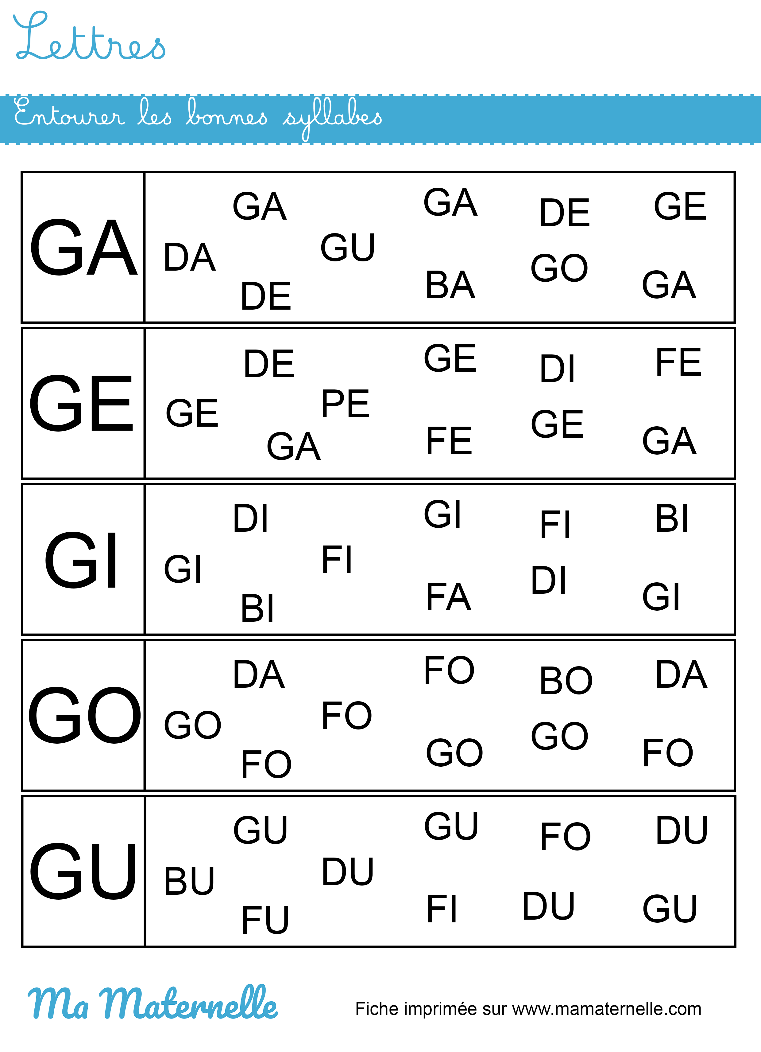 Grande section - Lettres : entourer les syllabes