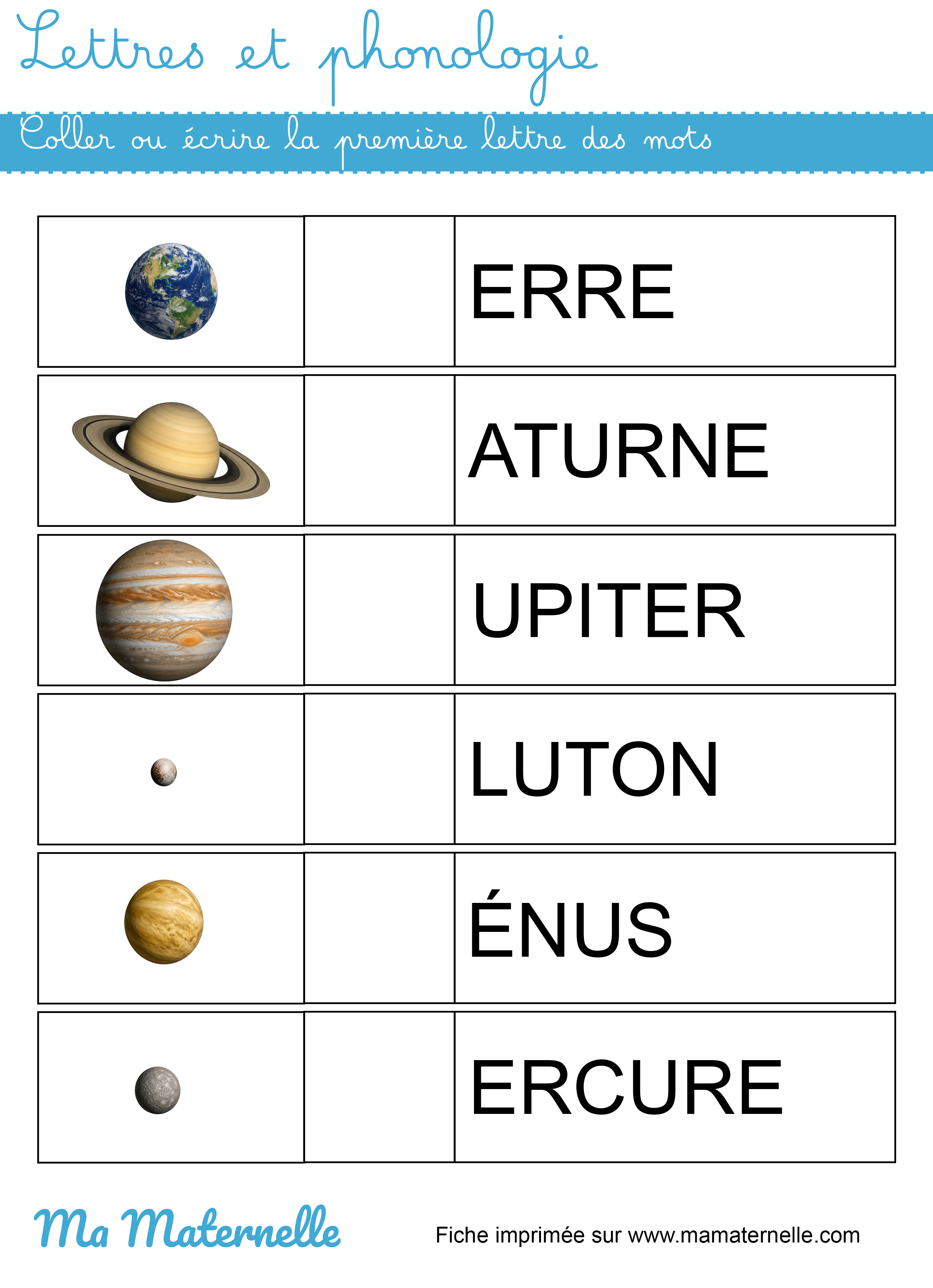 Grande section - Lettres et phonologie : coller ou écrire la première lettre des mots
