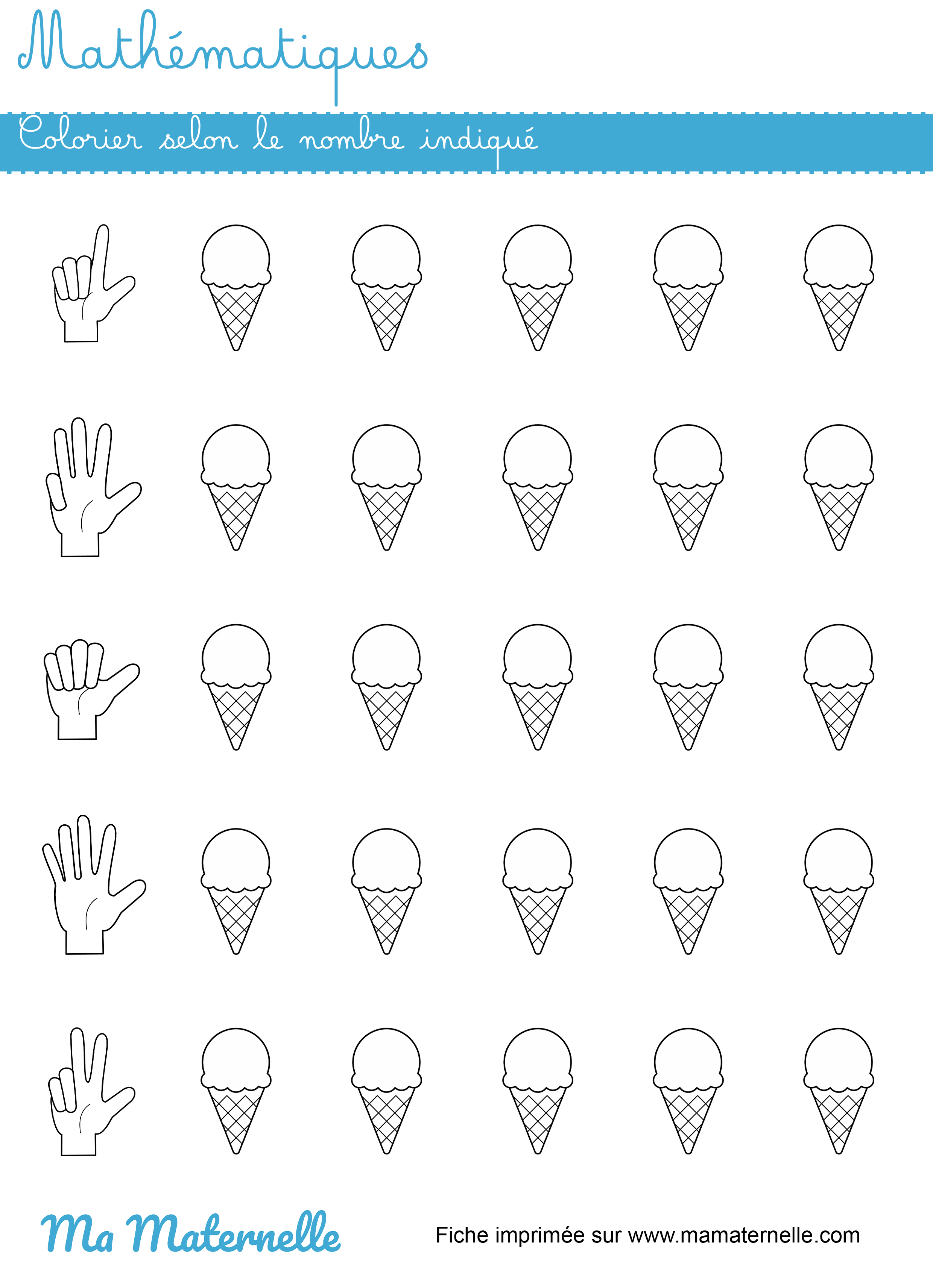 Moyenne section - Mathématiques : colorier selon le nombre indiqué