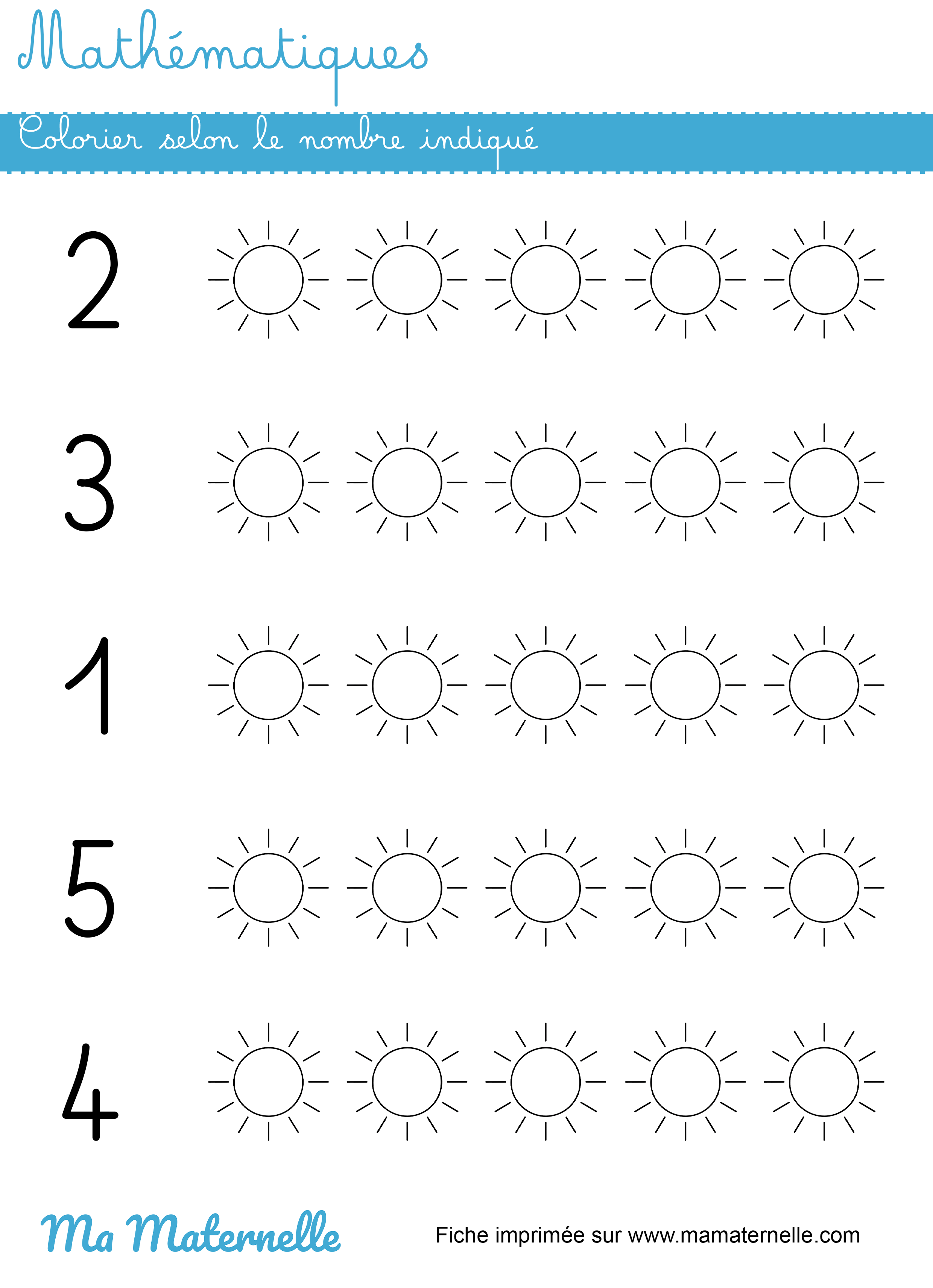 Moyenne section - Mathématiques : colorier selon le nombre indiqué