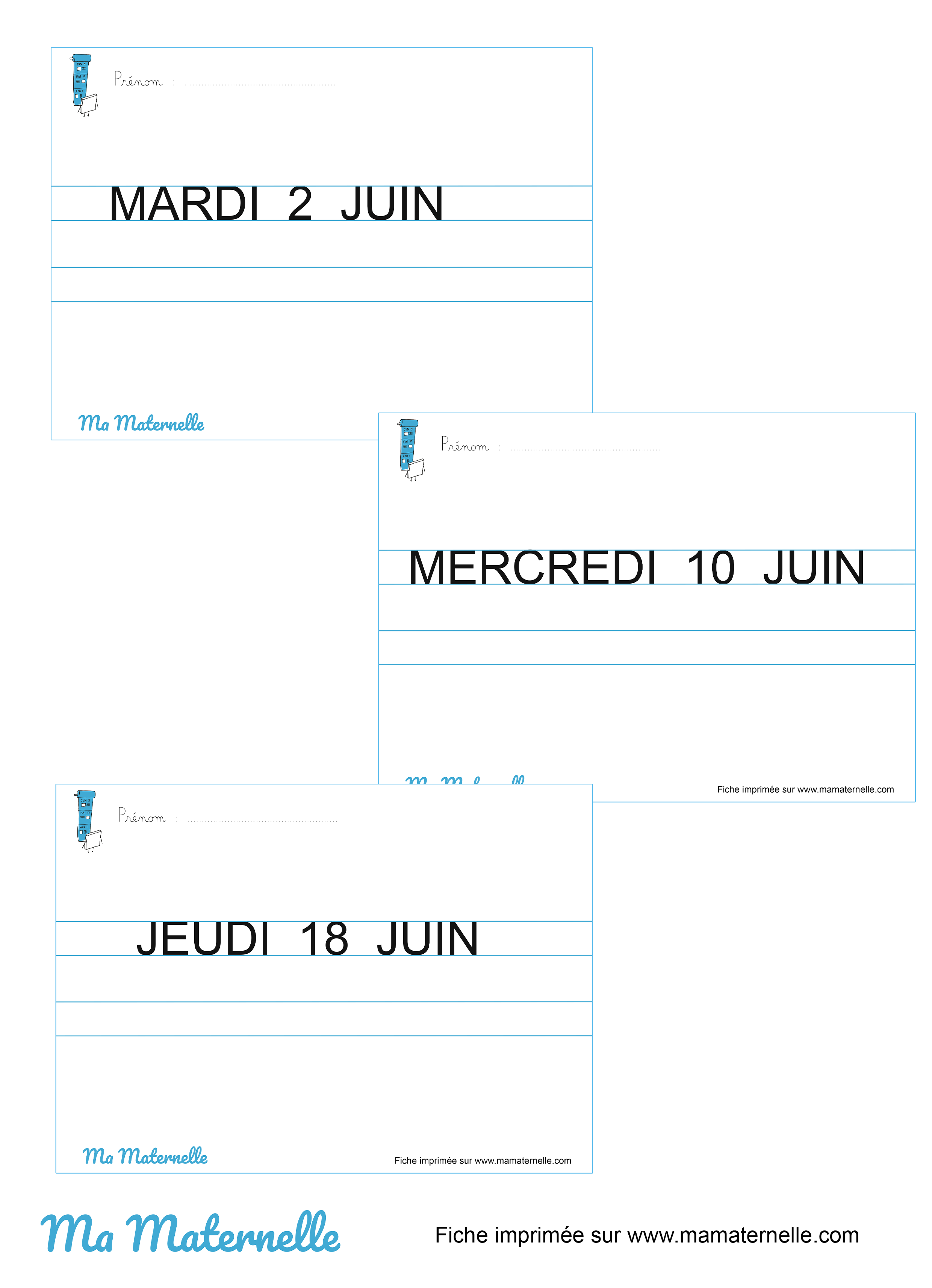 Grande section - Fiches d’écriture date du jour – JUIN