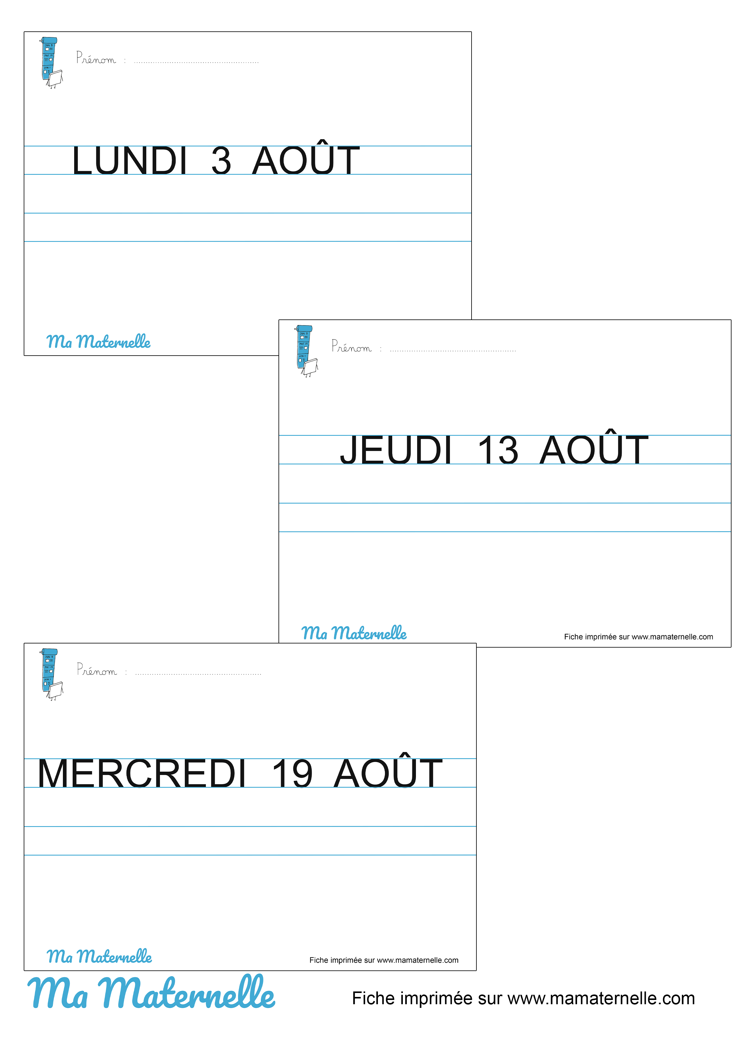 Grande section - Fiches d’écriture date du jour – AOÛT