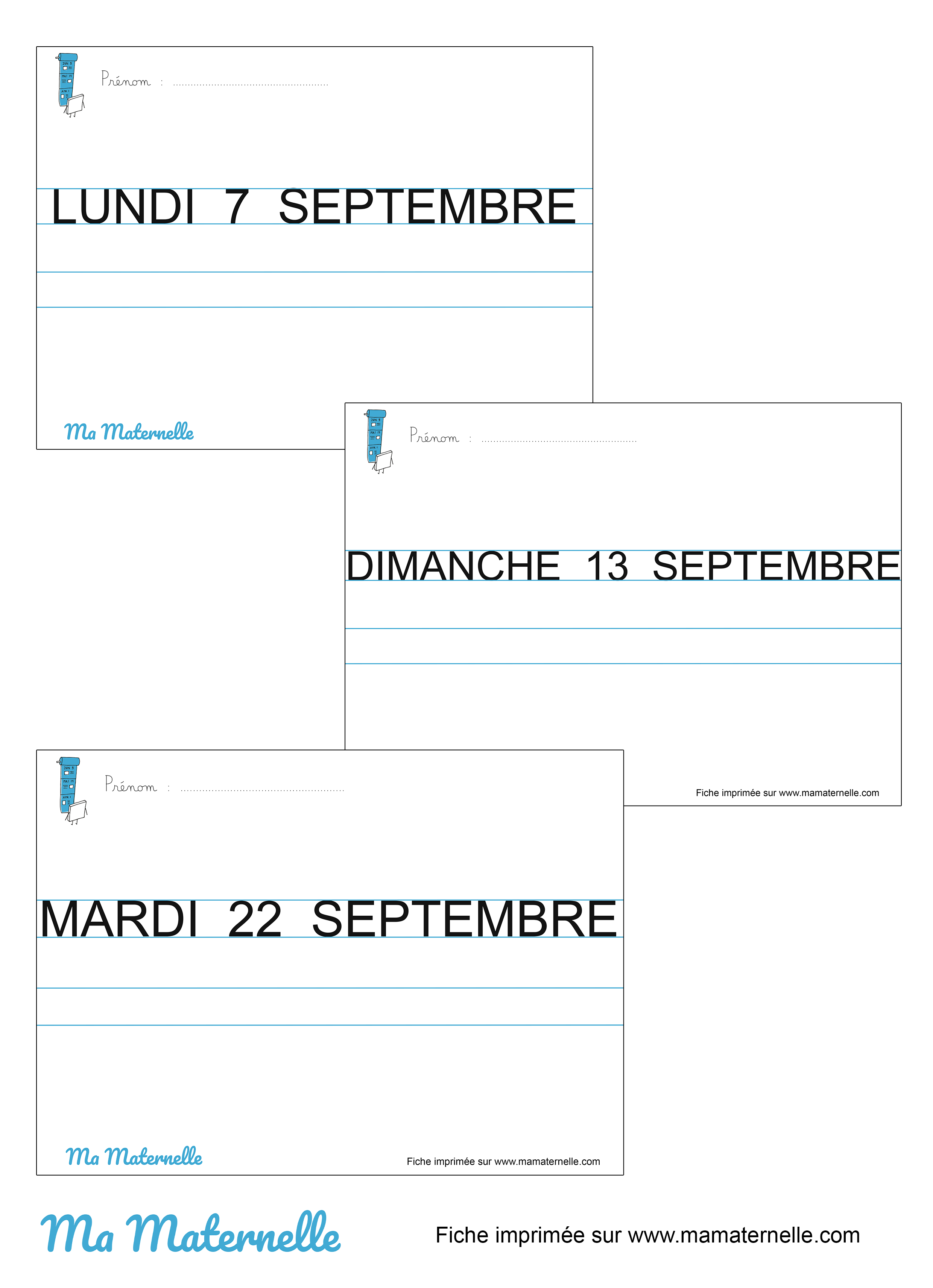 Grande section - Fiches d’écriture date du jour – SEPTEMBRE