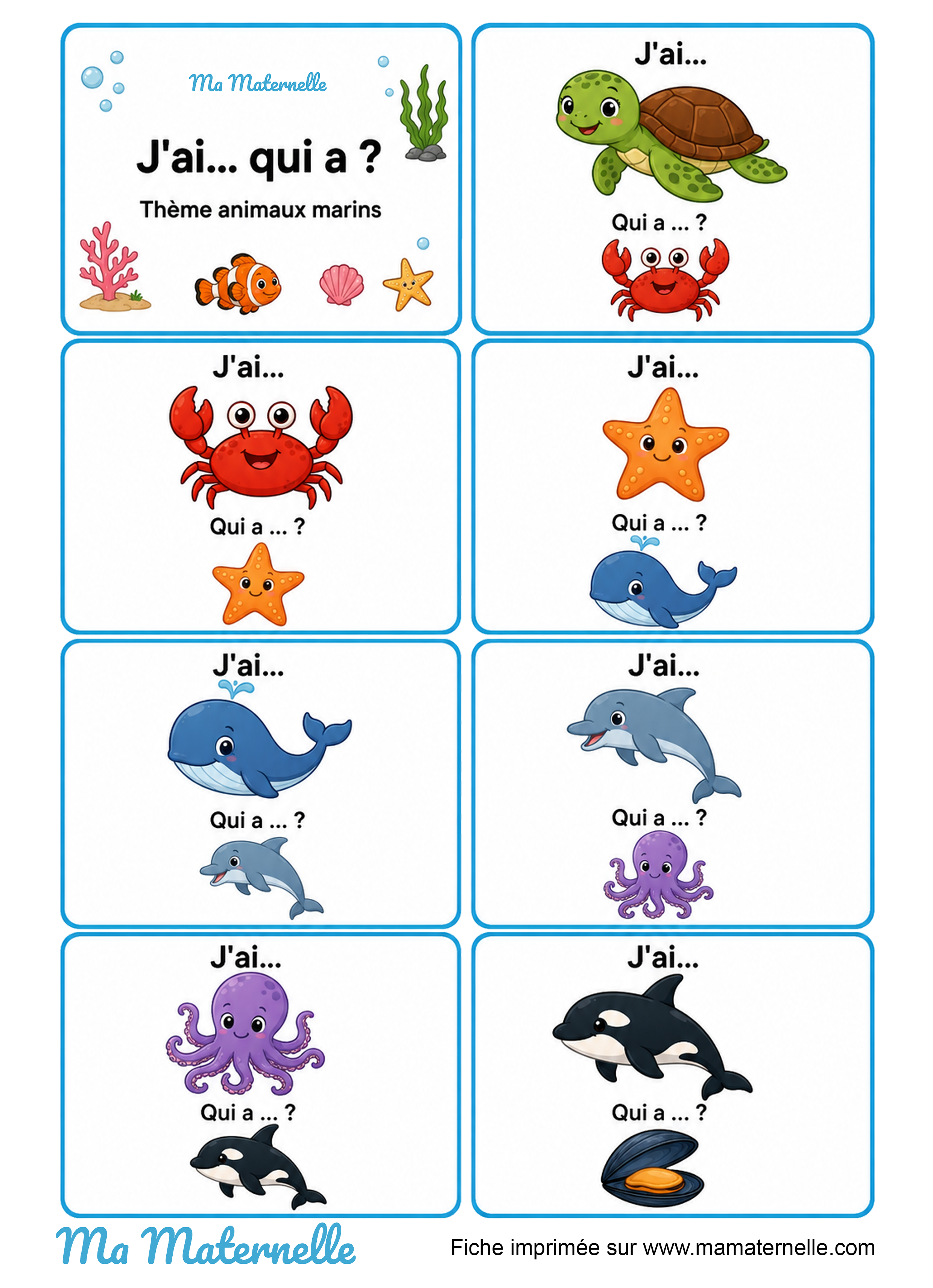 Activités - Jeu : j’ai… qui a ? Thème animaux marins