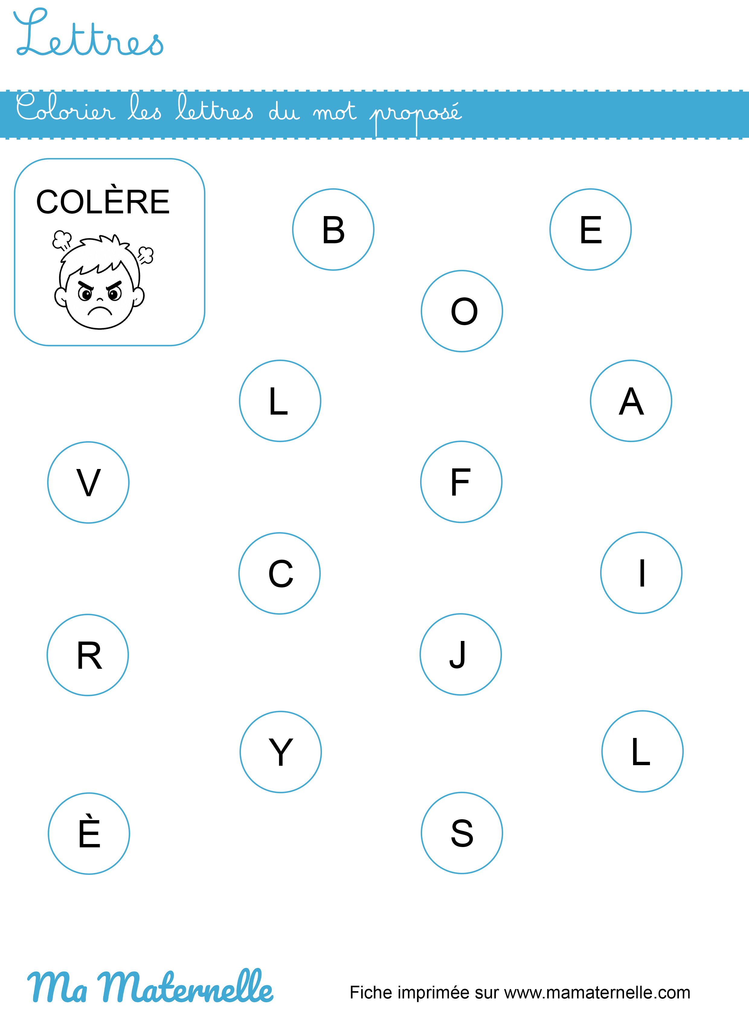 Petite section - Lettres : colorier les lettres du mot proposé