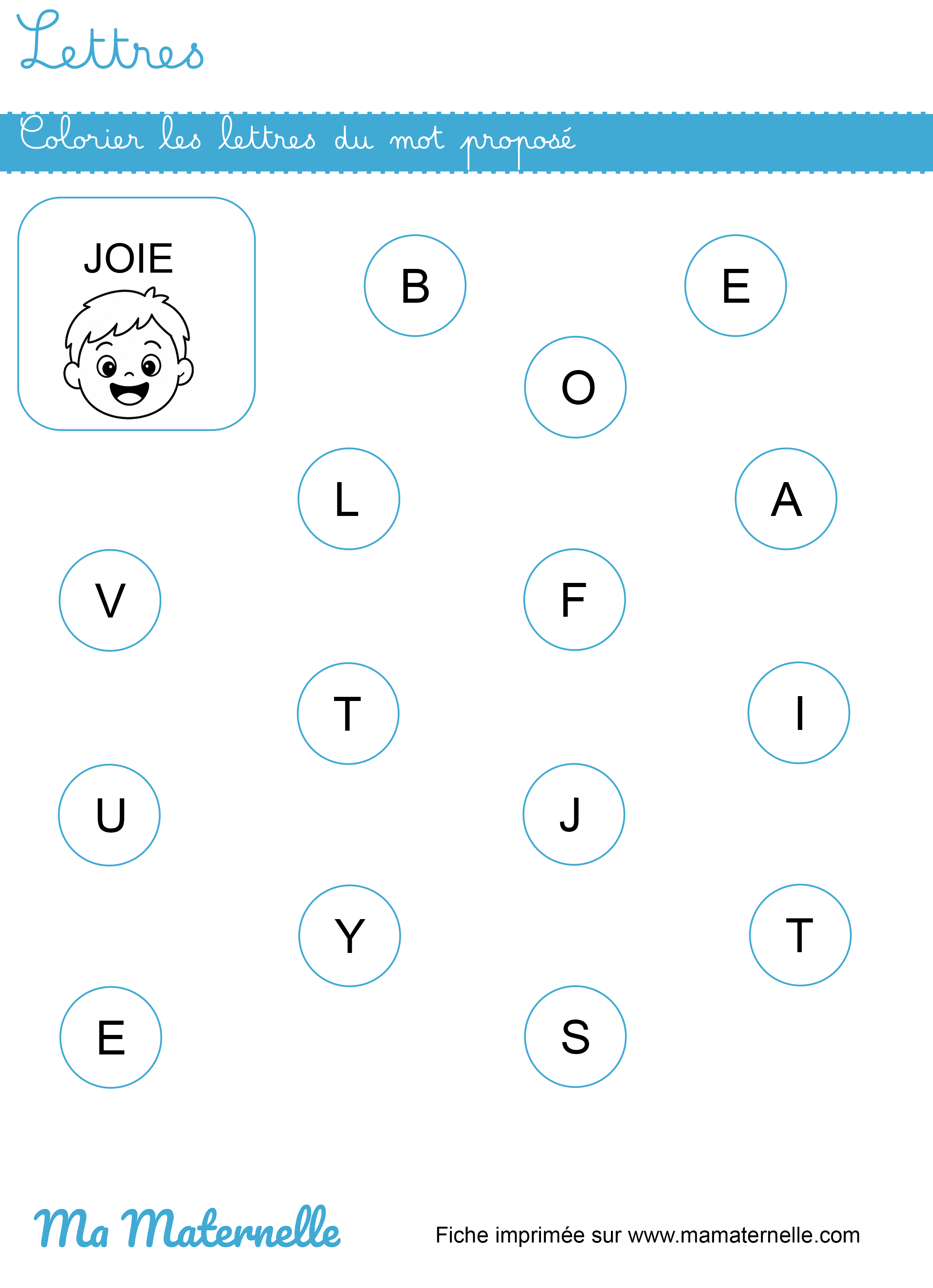 Petite section - Lettres : colorier les lettres du mot proposé