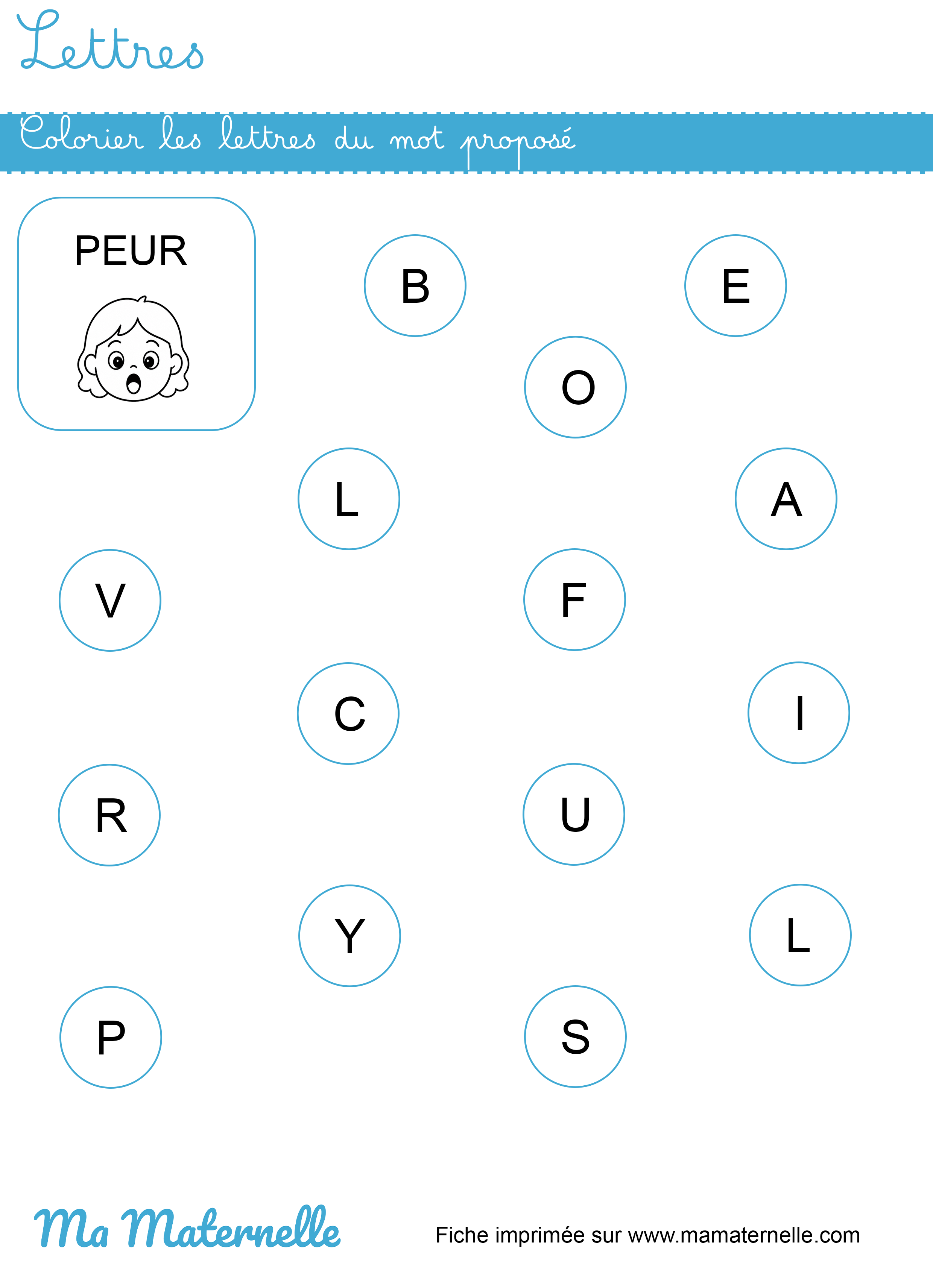 Petite section - Lettres : colorier les lettres du mot proposé
