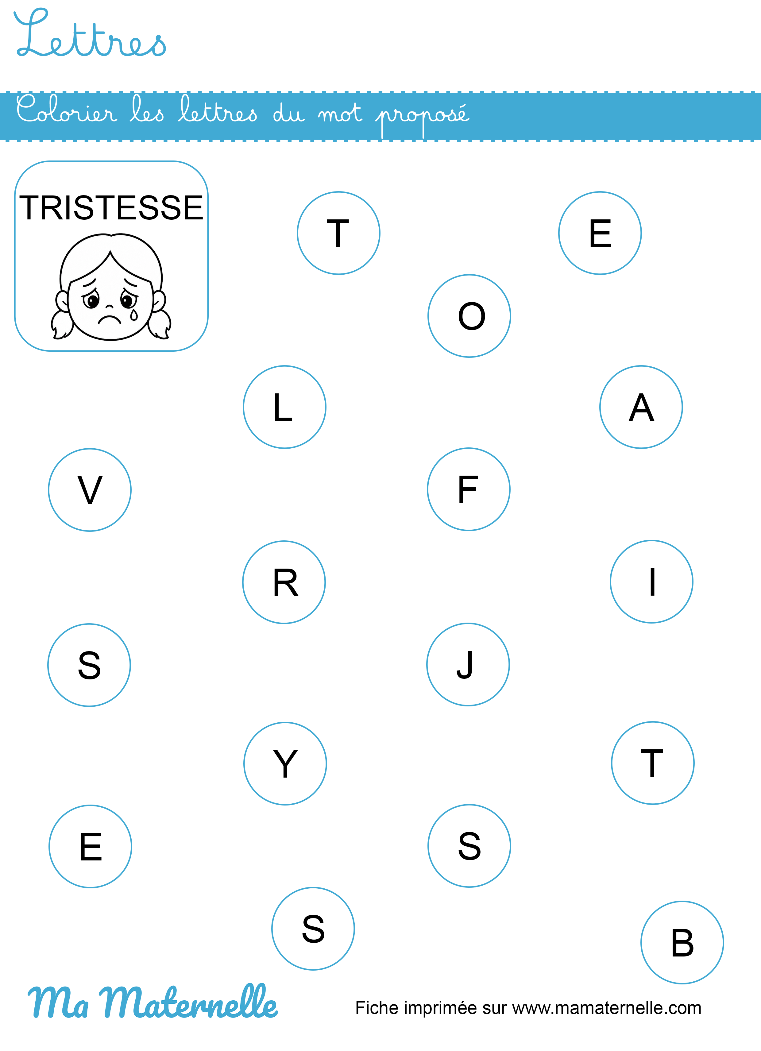 Petite section - Lettres : colorier les lettres du mot proposé