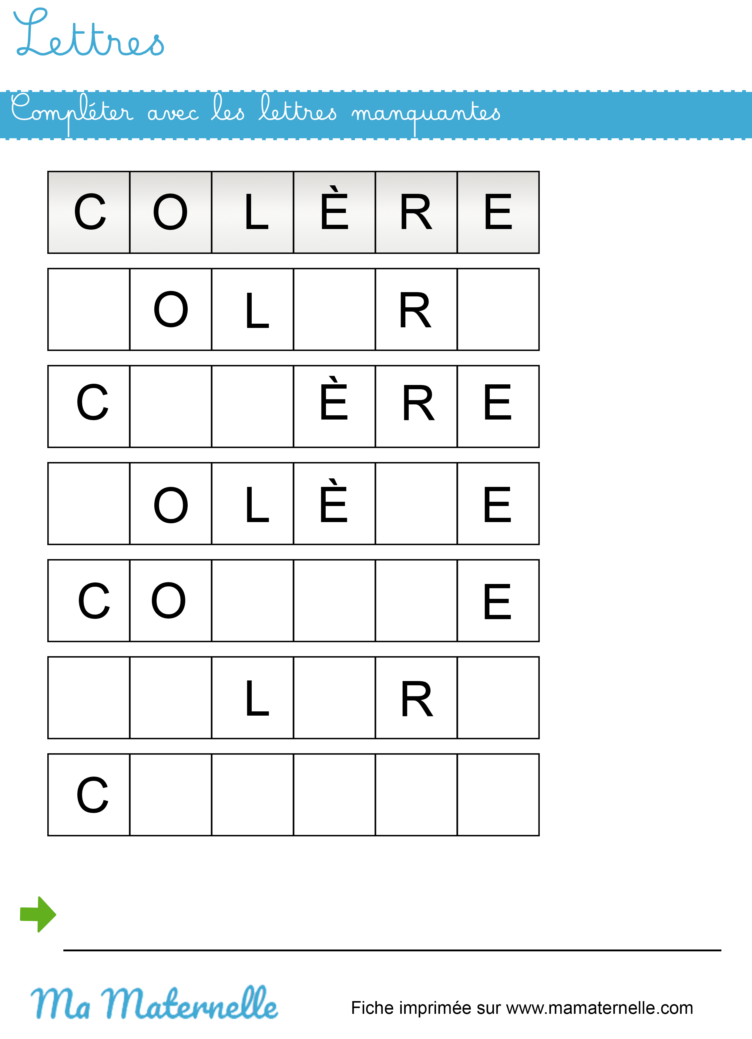 Grande section - Lettres : compléter avec les lettres manquantes