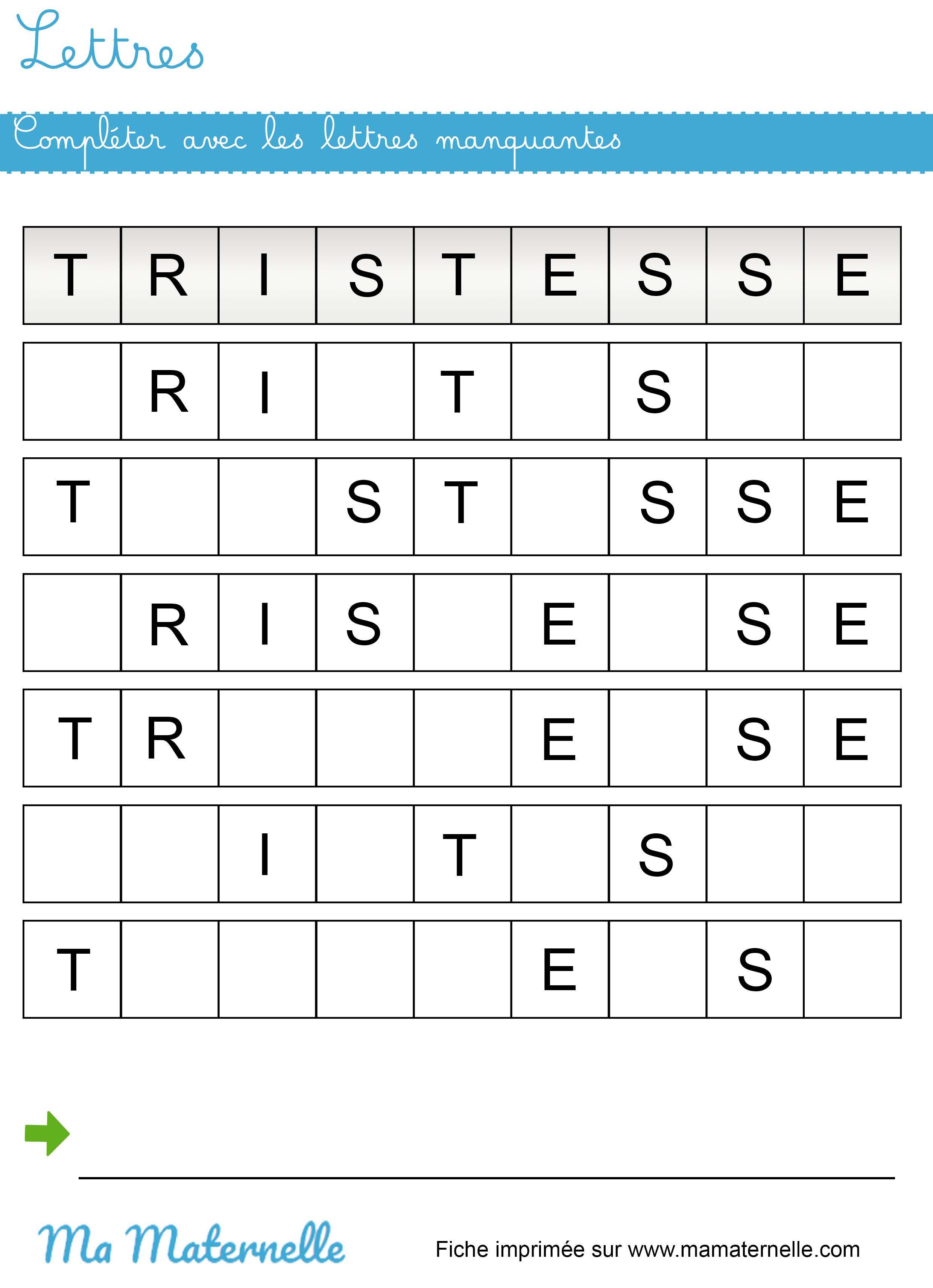 Grande section - Lettres : compléter avec les lettres manquantes
