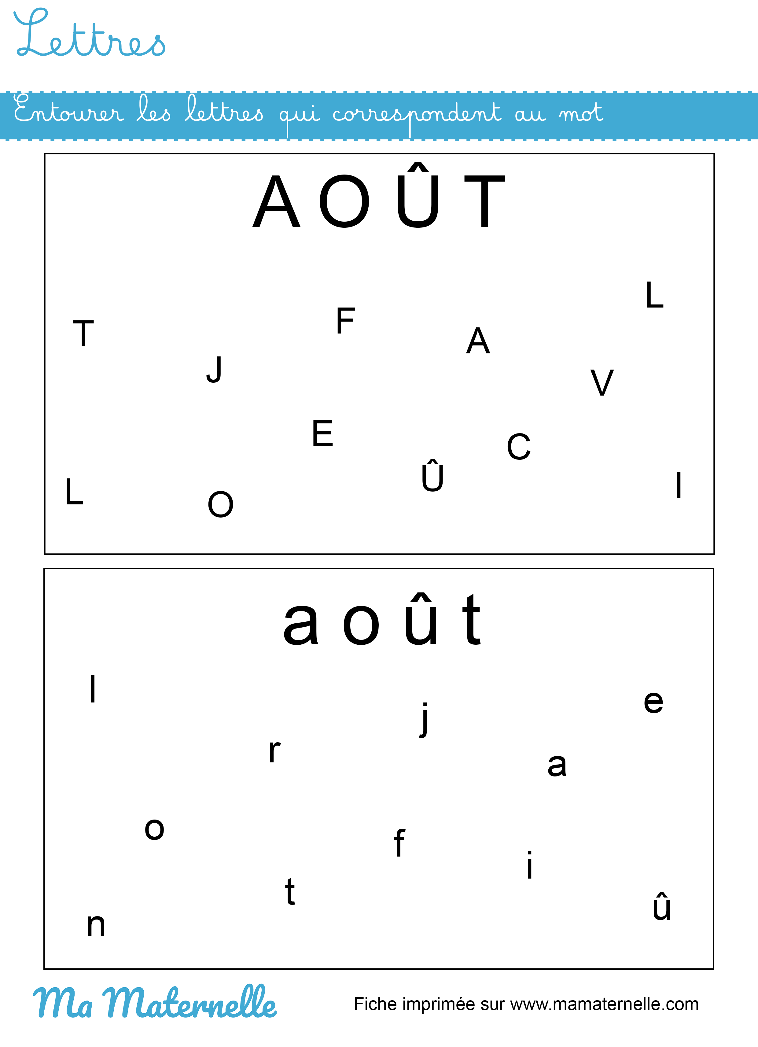 Moyenne section - Lettres : entourer les lettres qui correspondent au mot