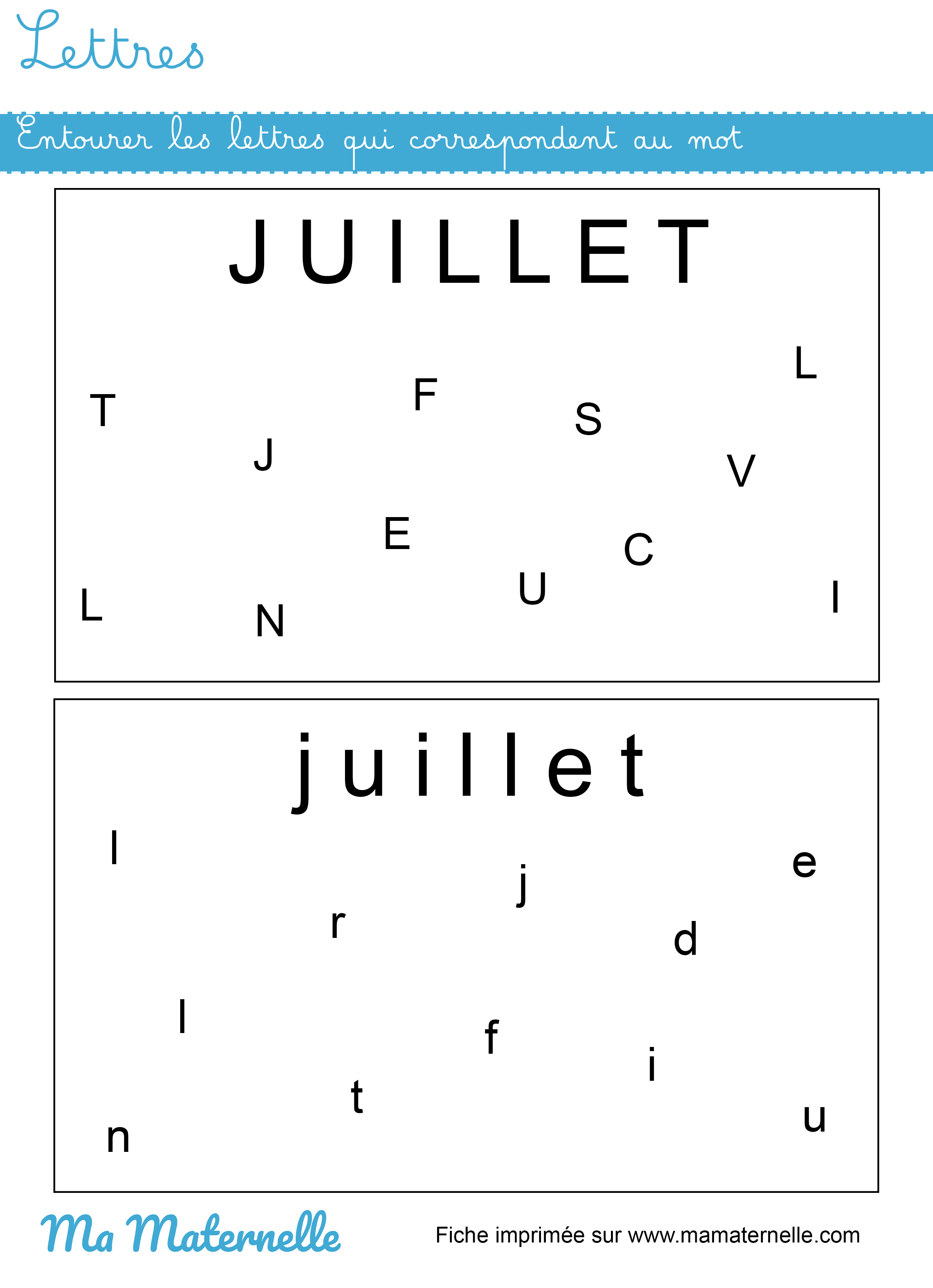 Moyenne section - Lettres : entourer les lettres qui correspondent au mot