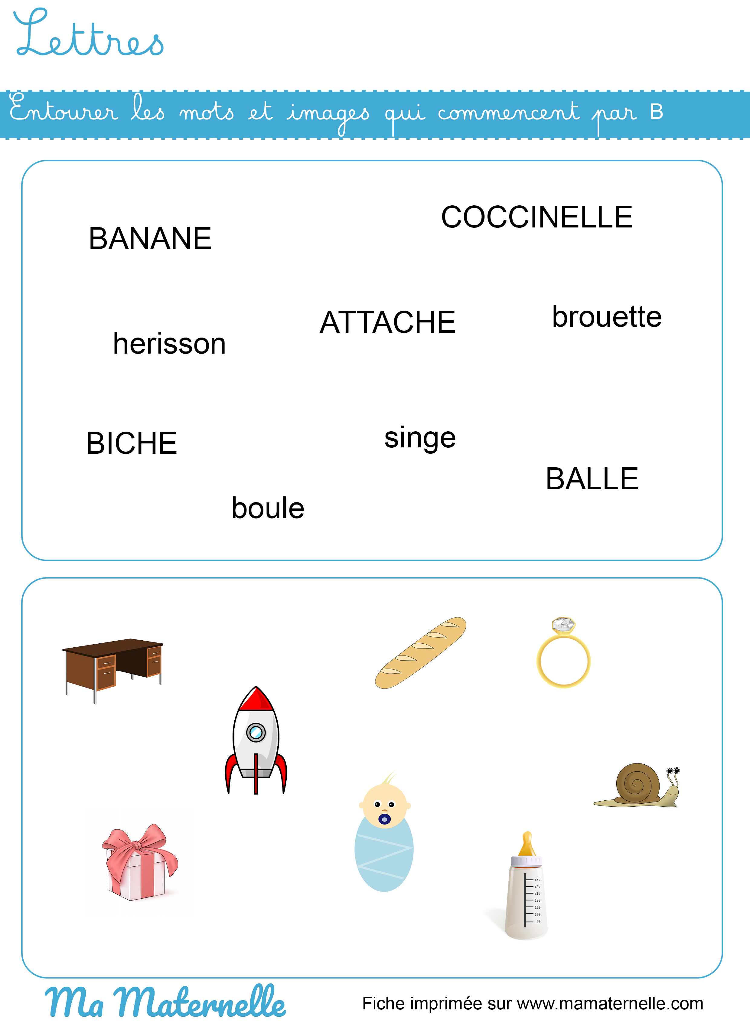 Grande section - Lettres : entourer les mots et images qui commencent par B