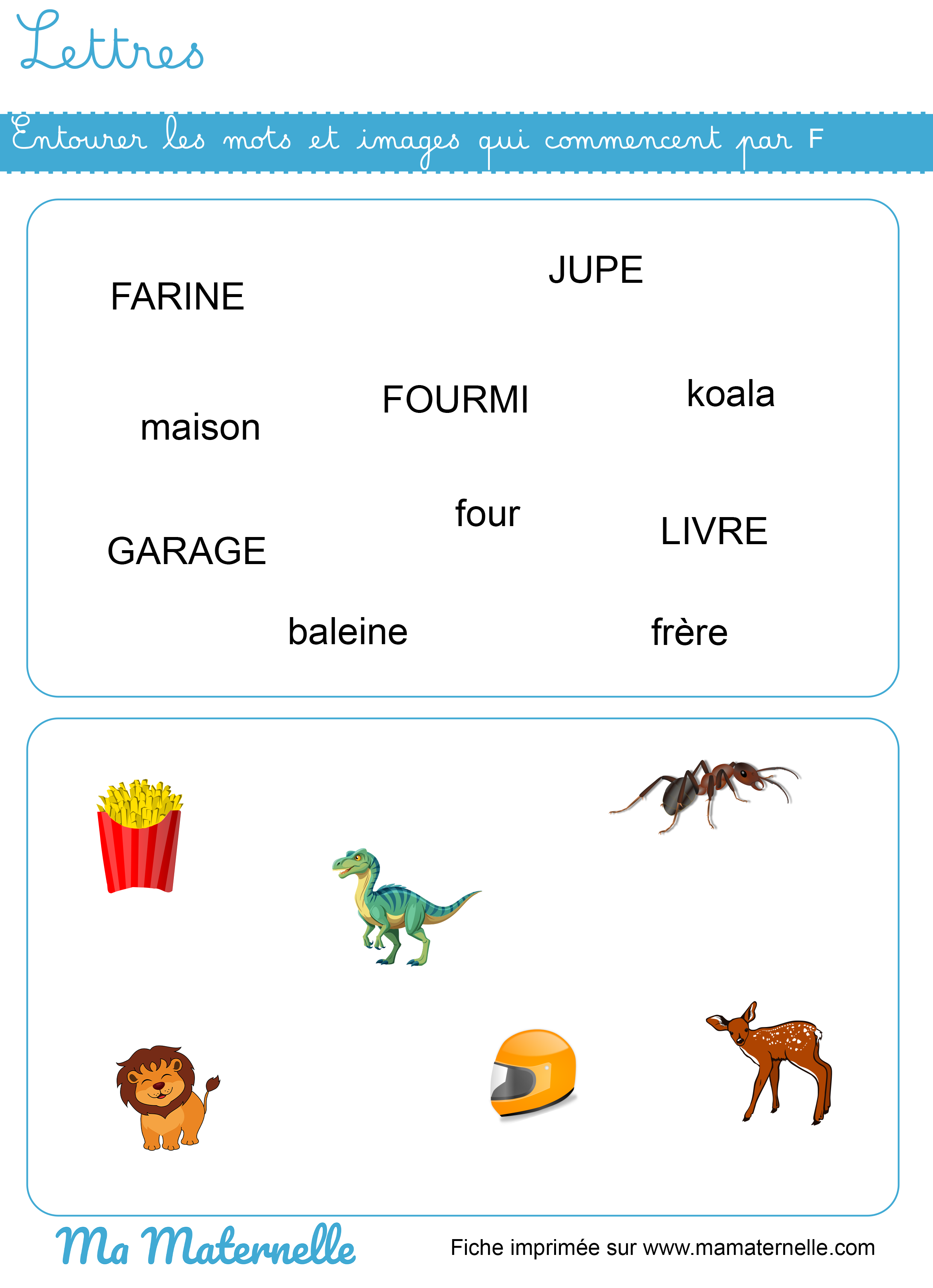 Grande section - Lettres : entourer les mots et images qui commencent par F