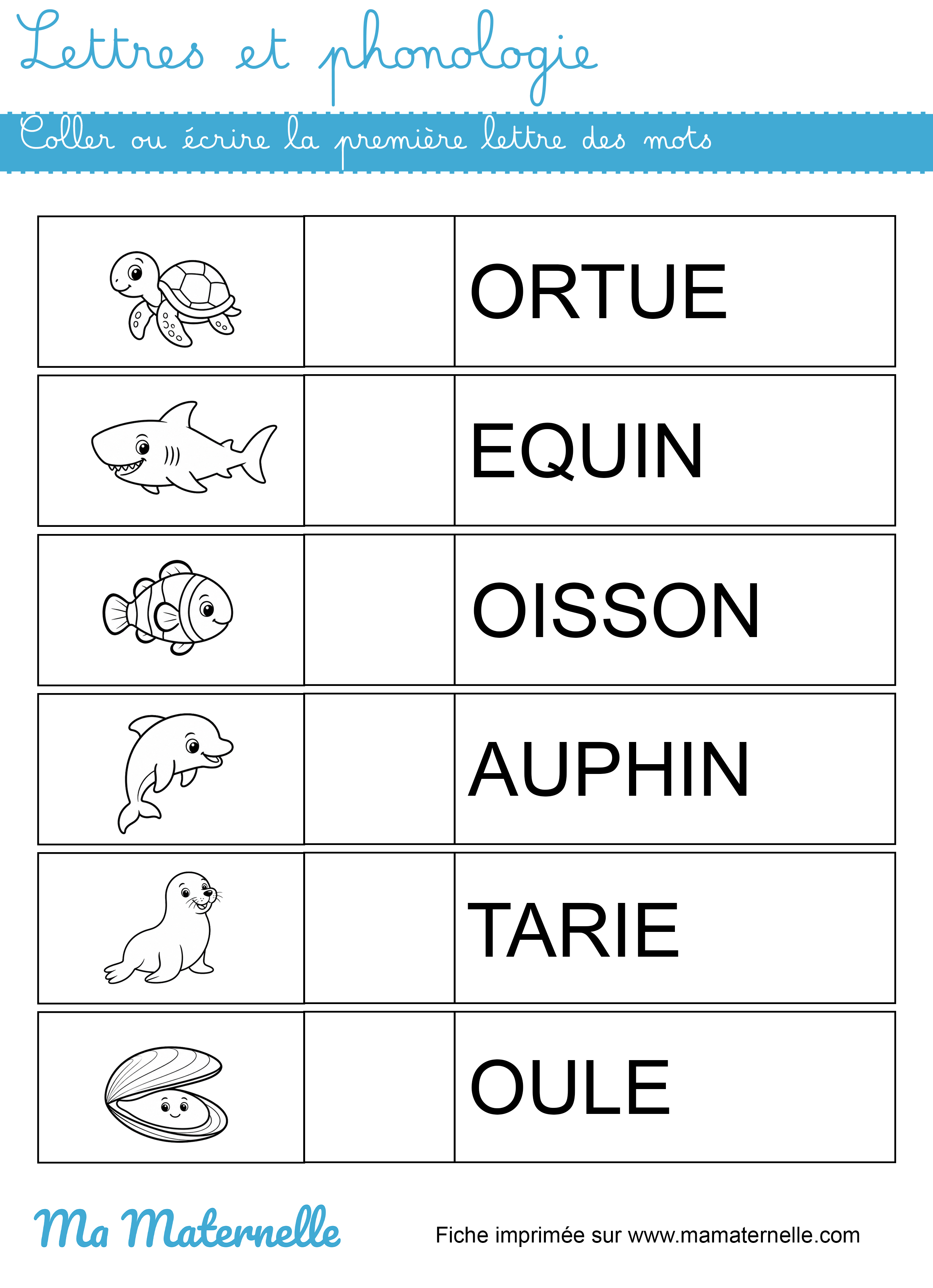 Grande section - Lettres et phonologie : coller ou écrire la première lettre des mots