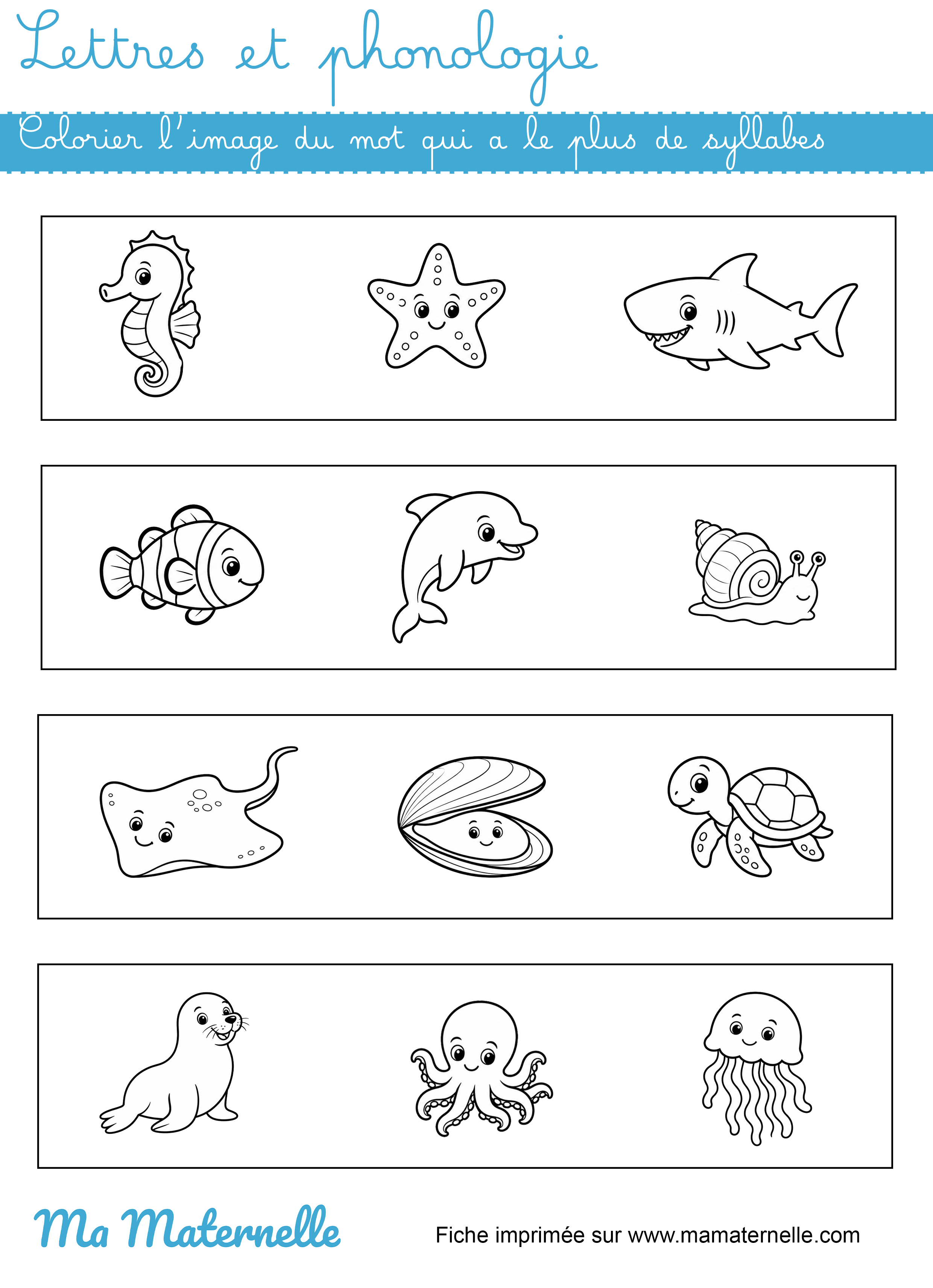 Grande section - Lettres : colorier l&rsquo;image du mot qui a le plus de syllabes