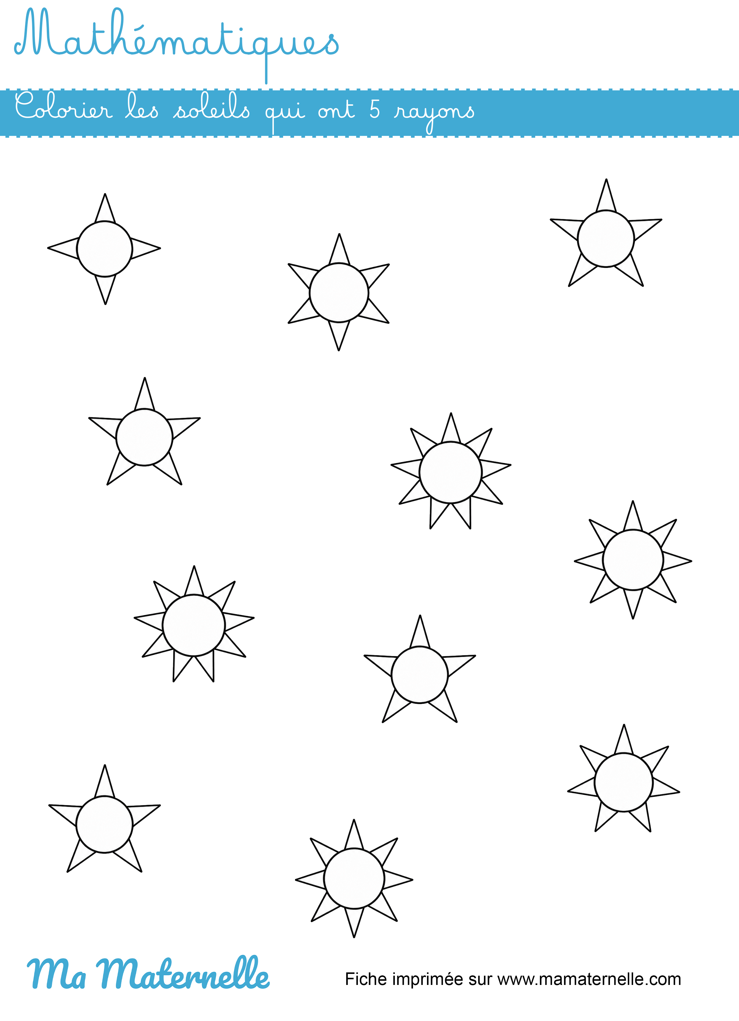 Grande section - Mathématiques : colorier les soleils qui ont 5 rayons