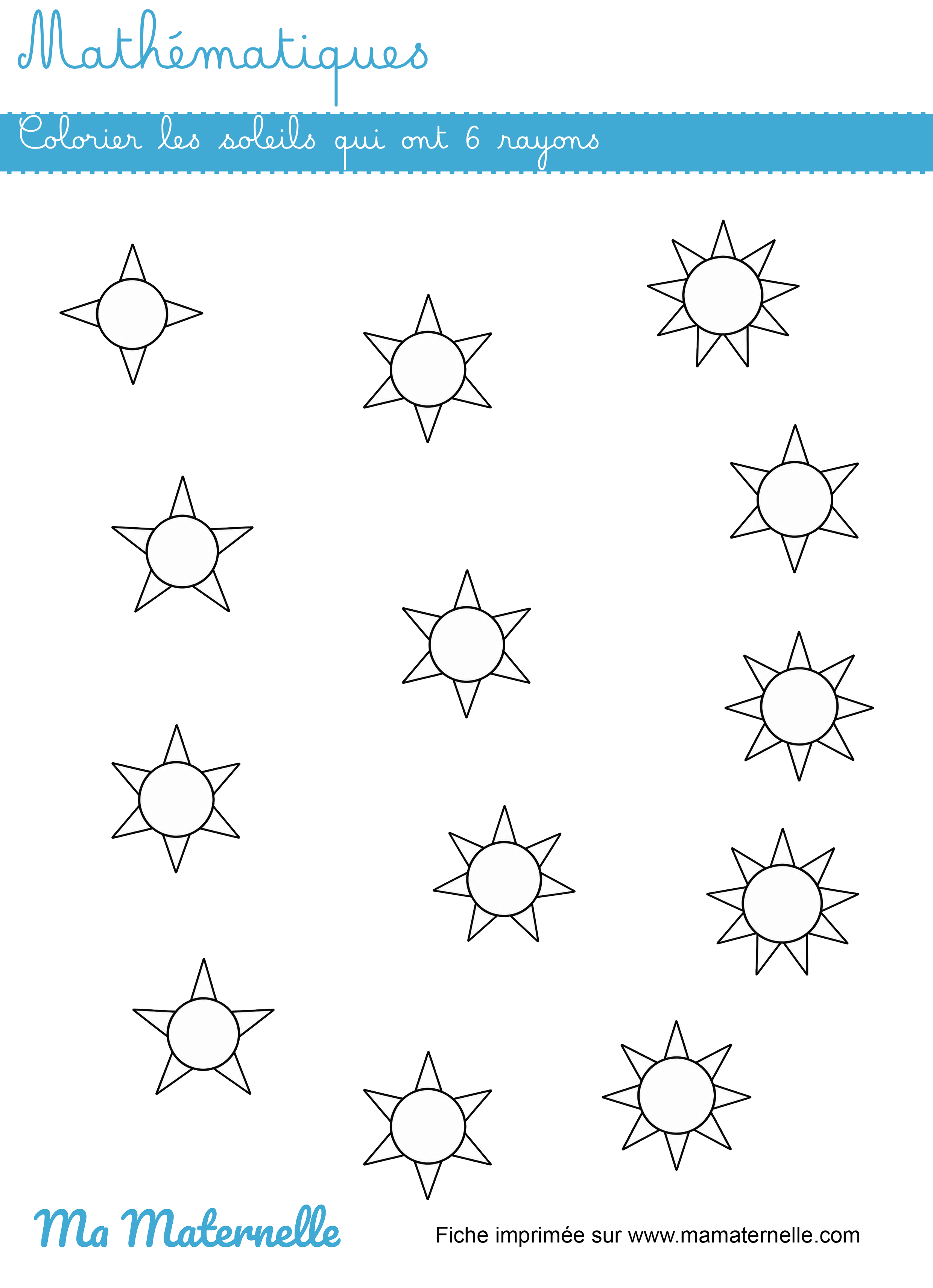 Grande section - Mathématiques : colorier les soleils qui ont 6 rayons