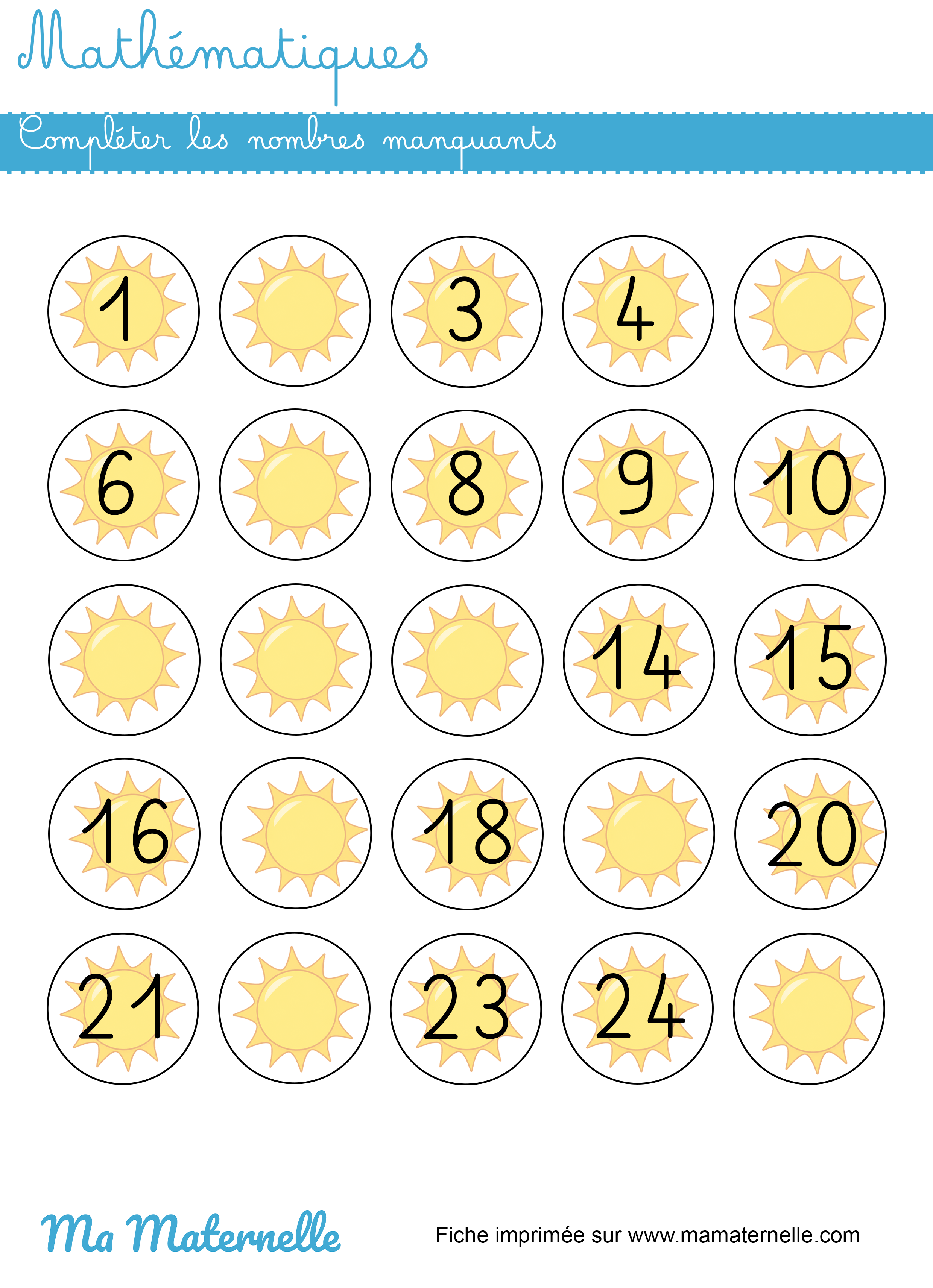 Grande section - Mathématiques : compléter les nombres manquants