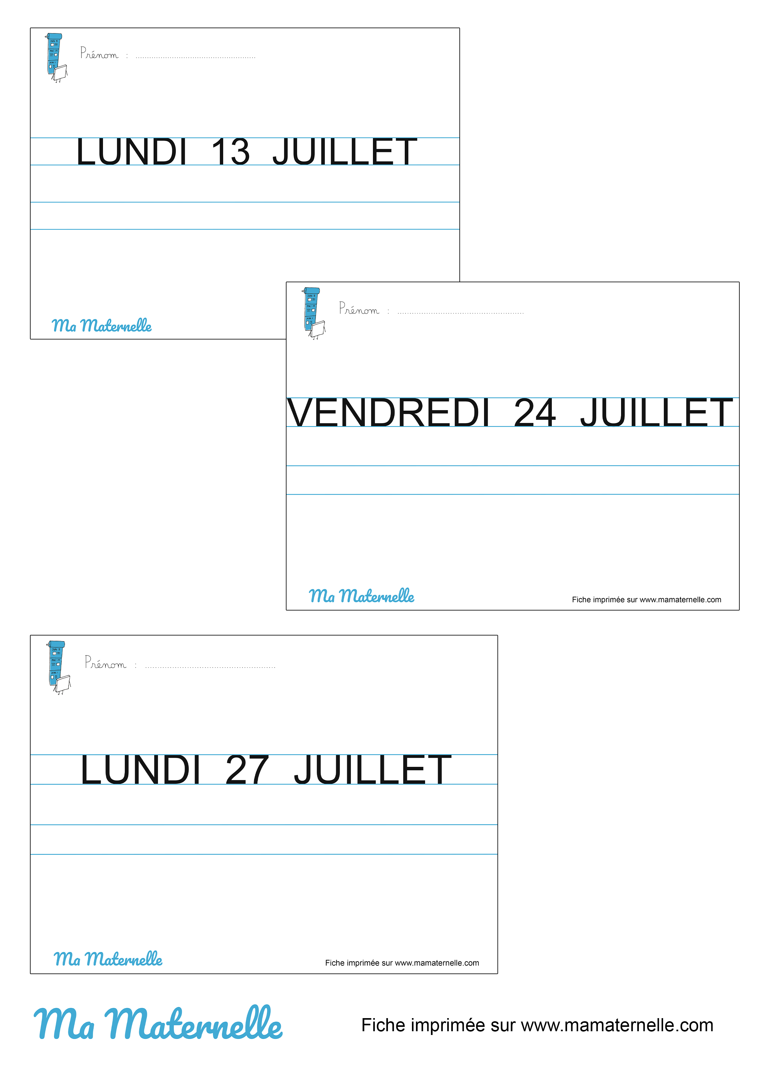 Grande section - Fiches d&rsquo;écriture date du jour – JUILLET