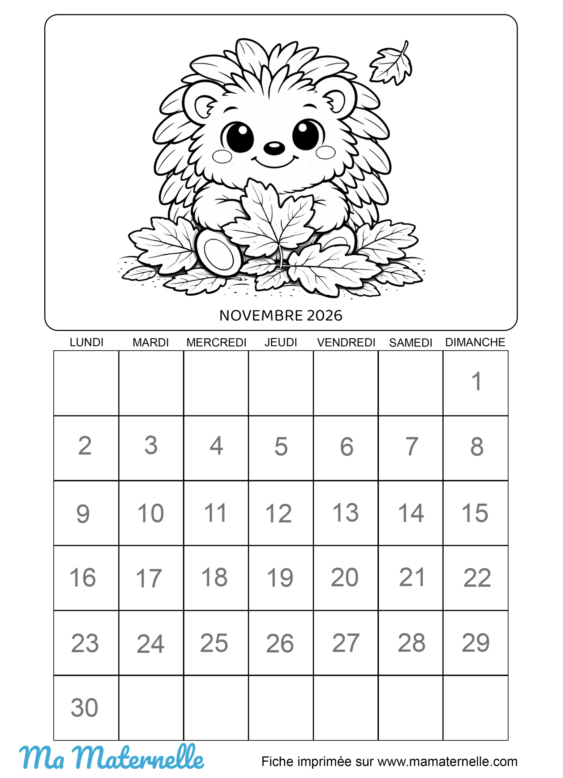 Activités - Calendrier à imprimer : novembre 2026