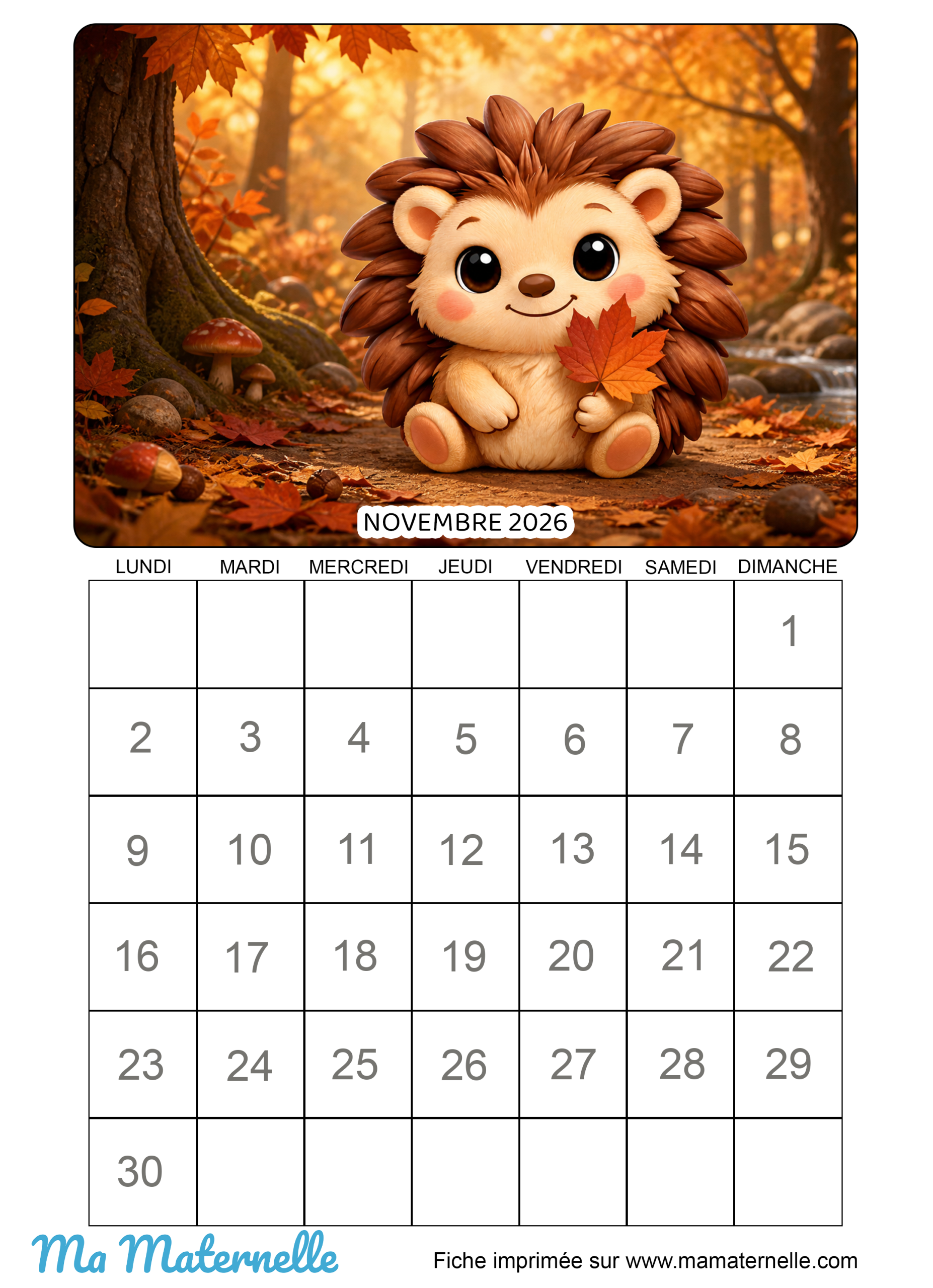 Activités - Calendrier à imprimer : novembre 2026