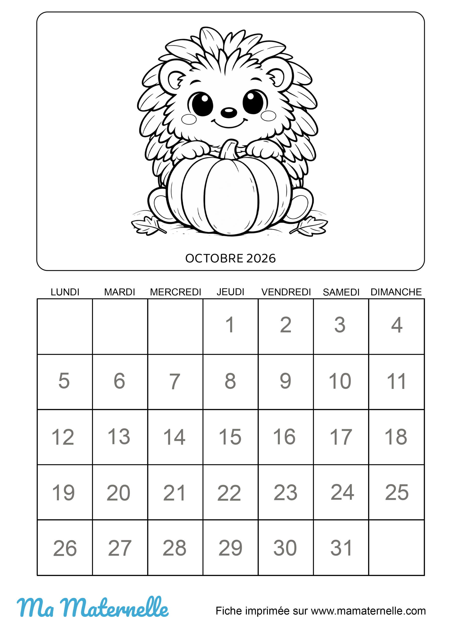 Activités - Calendrier à imprimer : octobre 2026