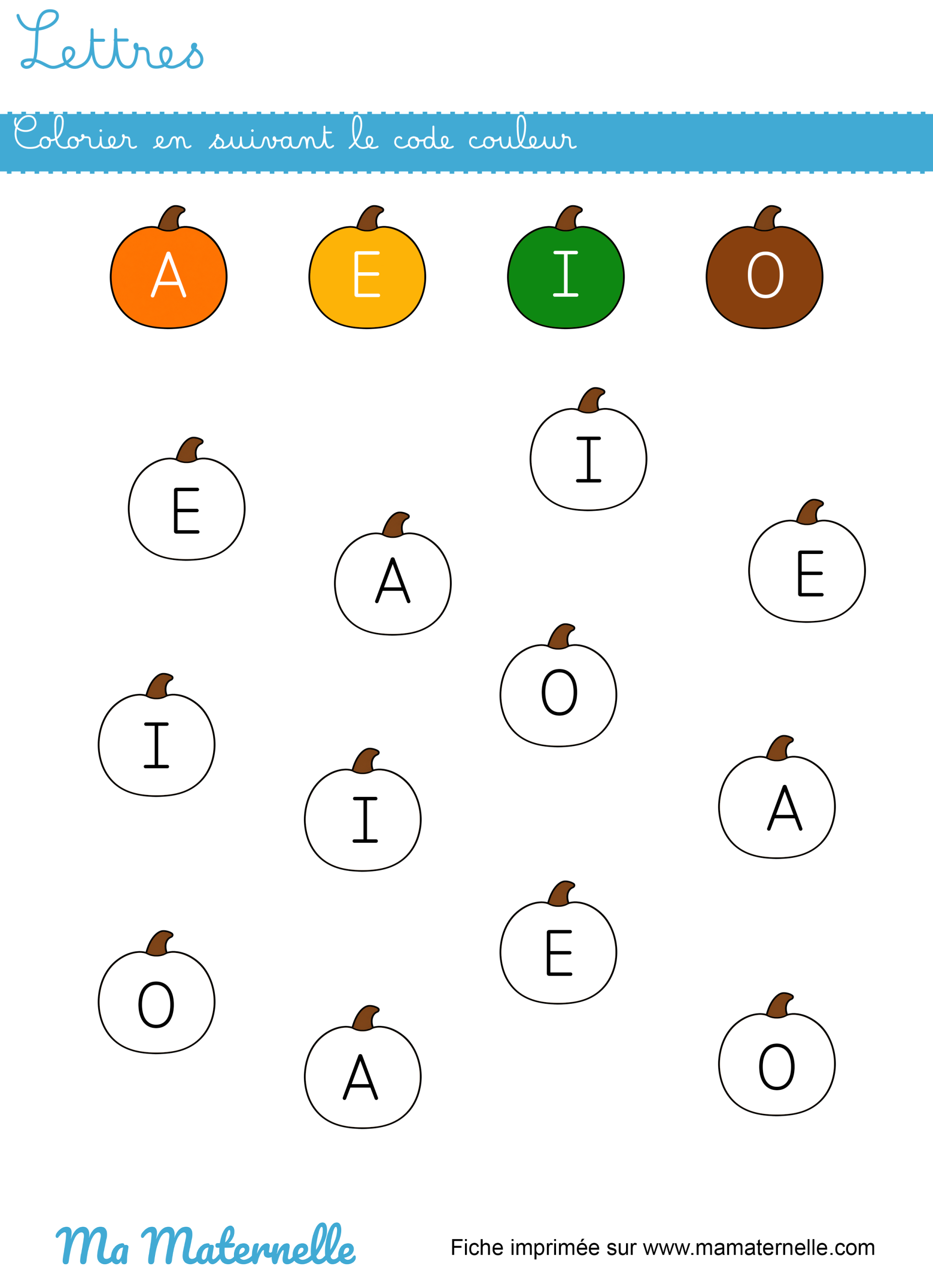 Moyenne section - Lettres : colorier les voyelles selon le code couleur
