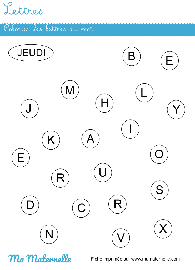 Petite section - Lettres : colorier les lettres du mot