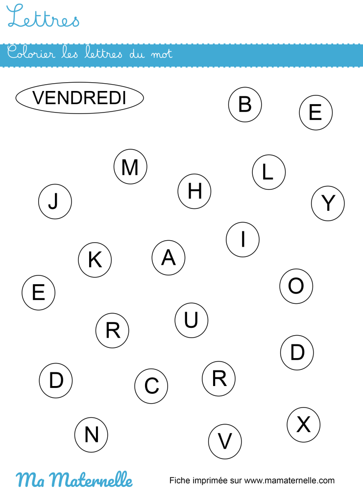 Petite section - Lettres : colorier les lettres du mot