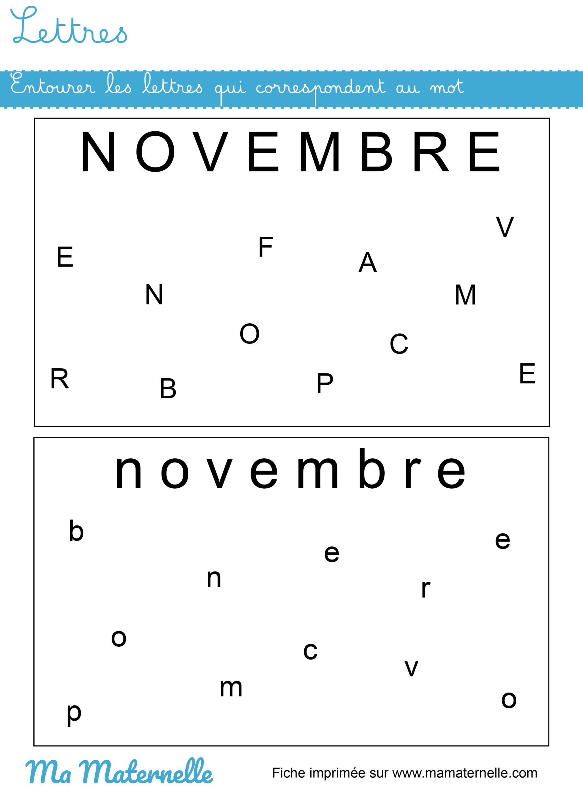 Moyenne section - Lettres : entourer les lettres qui correspondent au mot