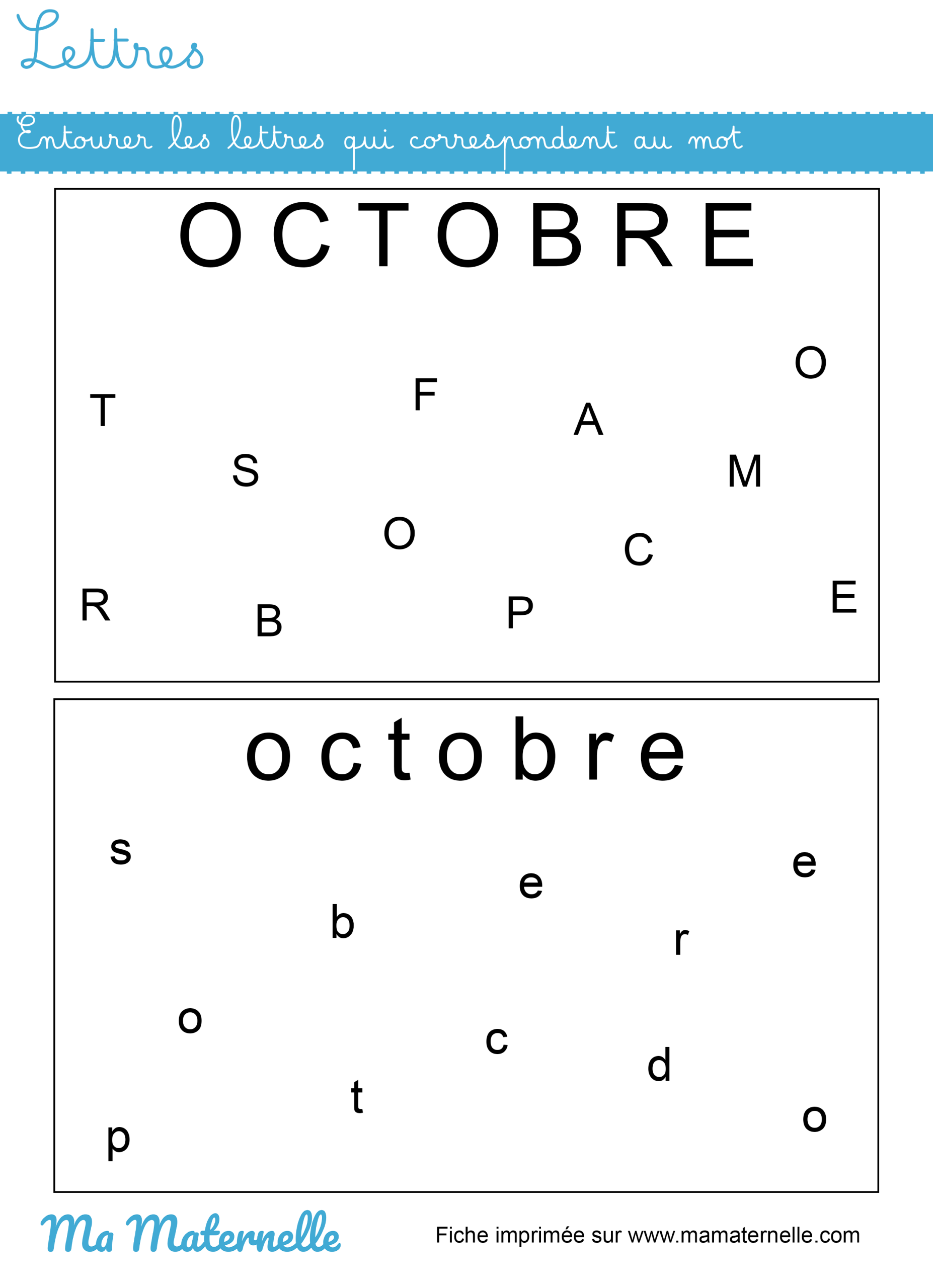 Moyenne section - Lettres : entourer les lettres qui correspondent au mot