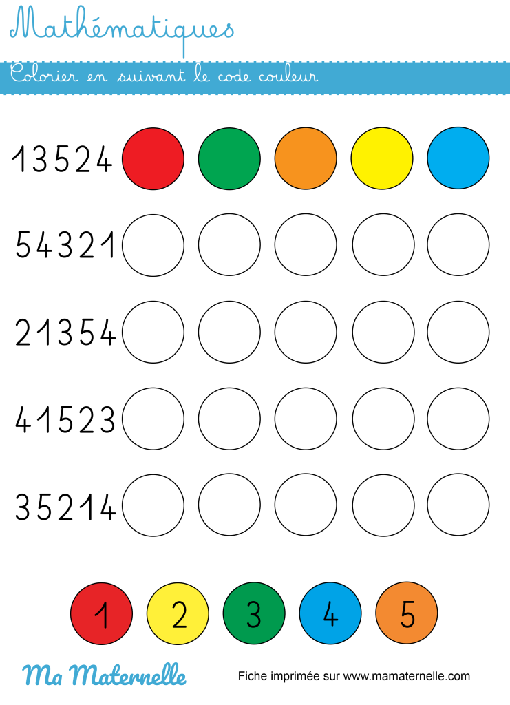 Grande section - Mathématiques : colorier en suivant le code couleur des nombres de 1 à 5