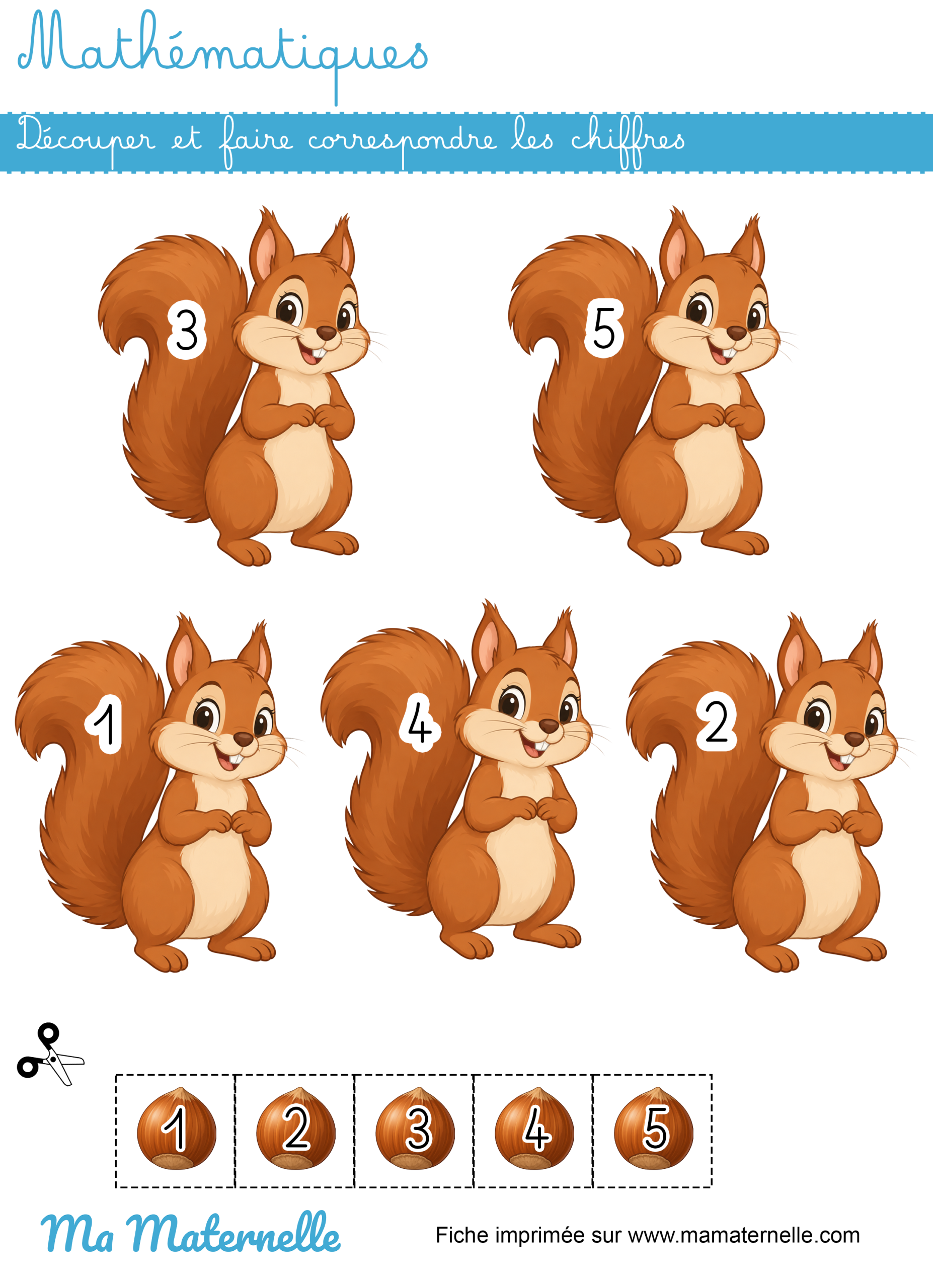 Moyenne section - Mathématiques : découper et faire correspondre les chiffres de 1 à 5 – version écureuils