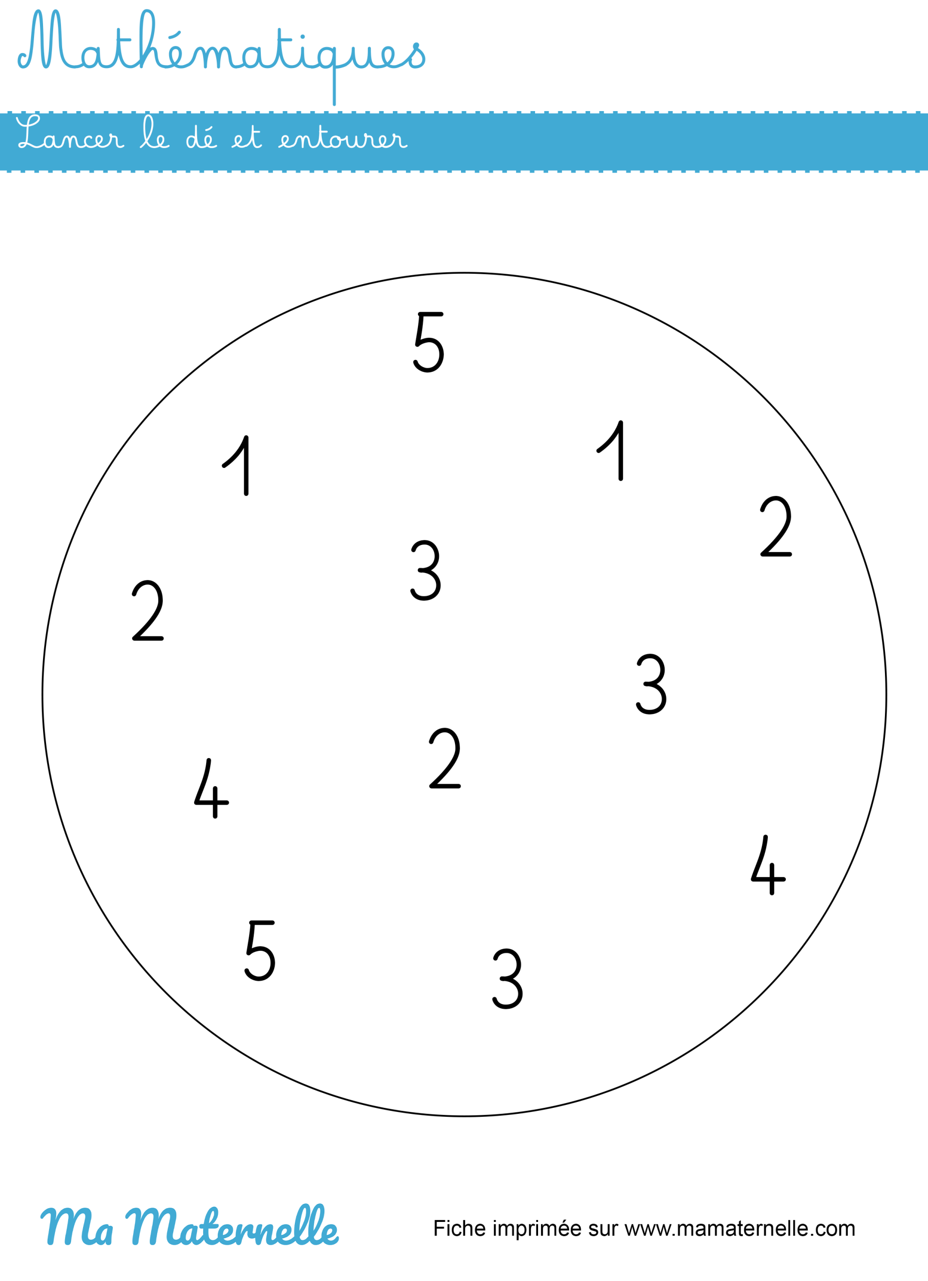 Moyenne section - Mathématiques : lancer le dé et entourer le chiffre correspondant